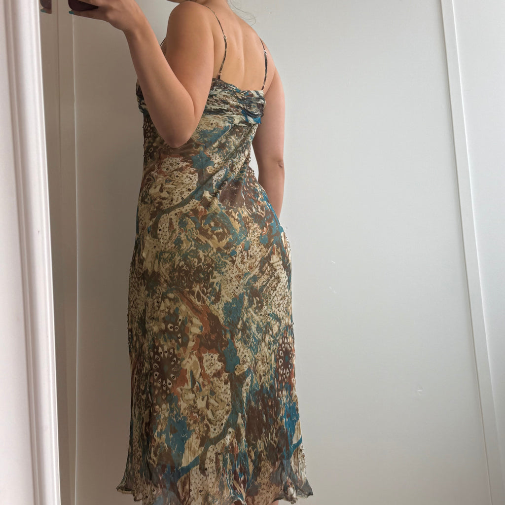 Neutral patterned sequin mesh midi dress with bolero
