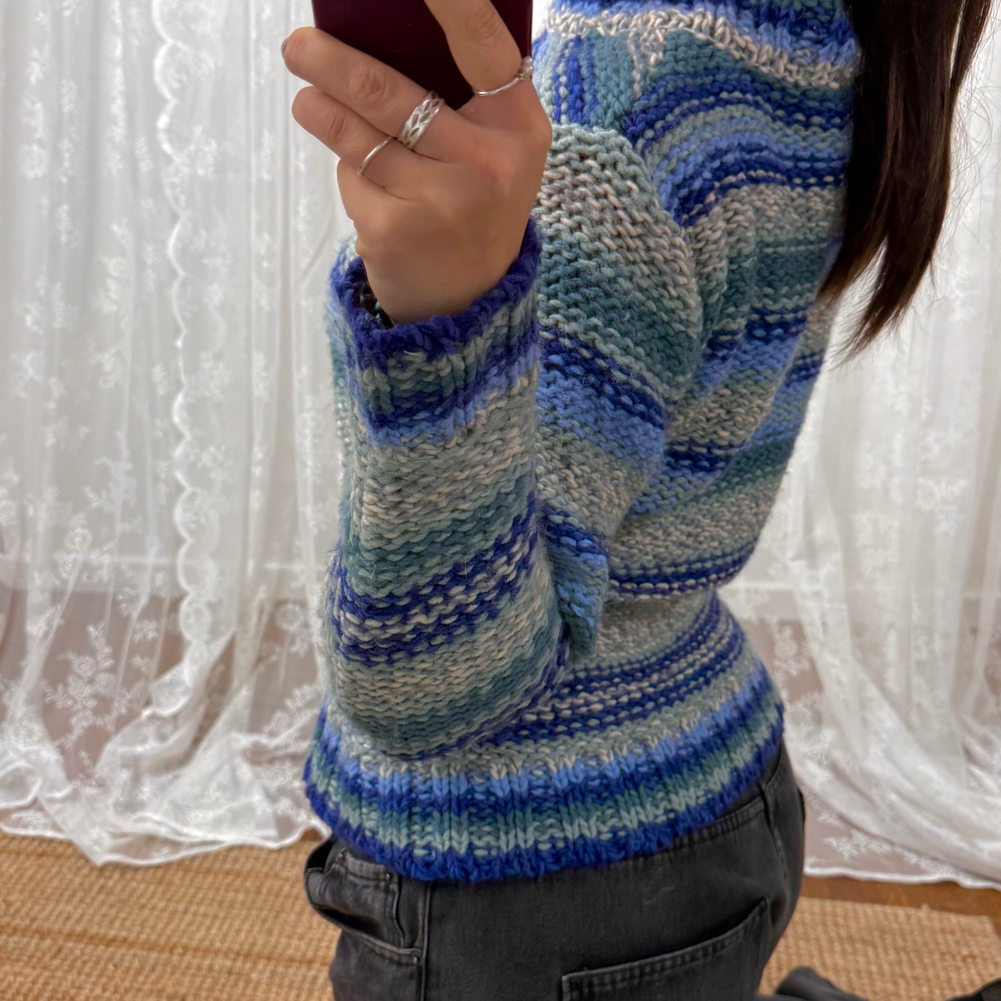 Blue and grey knit jumper with rope style detailing