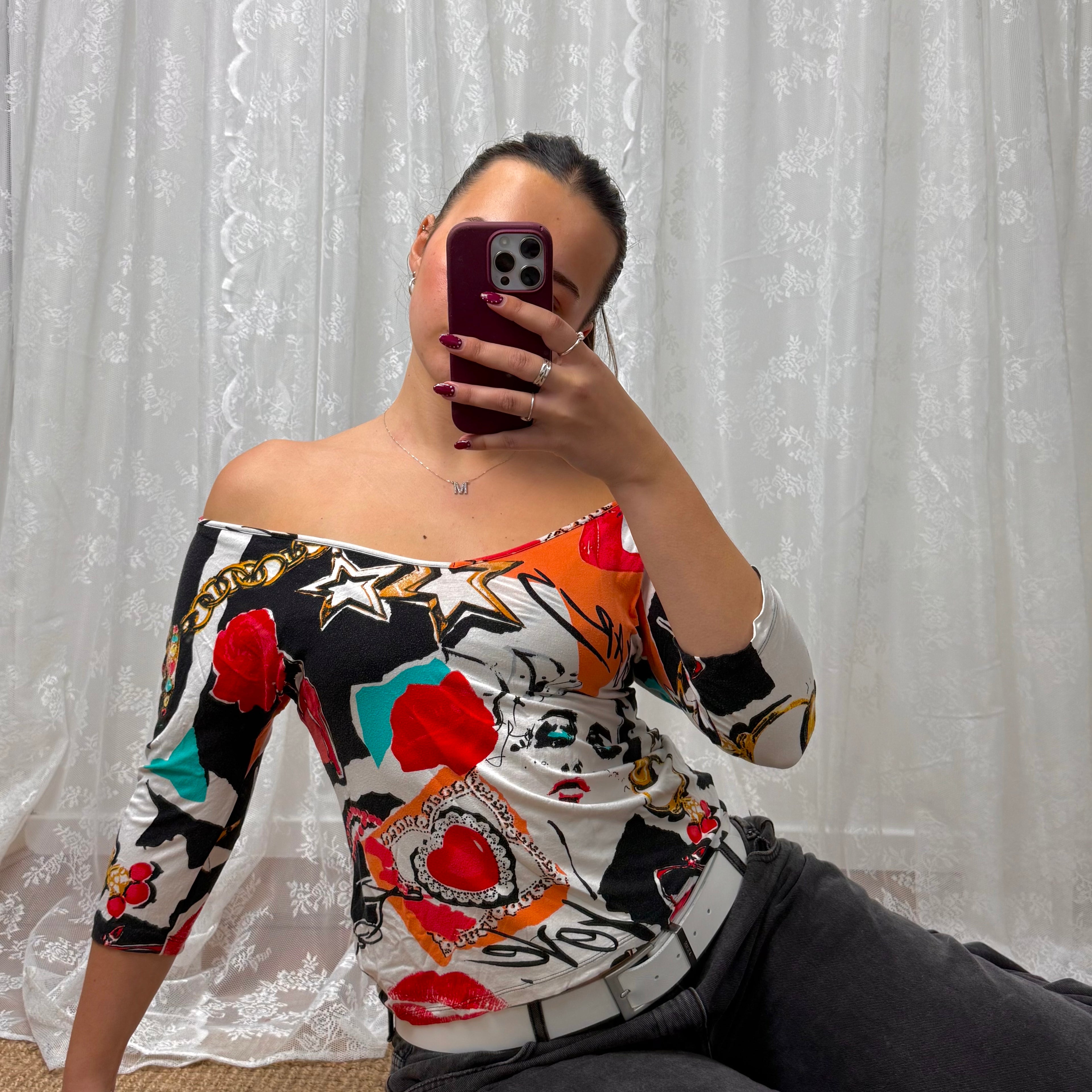 Graphic off the shoulder top