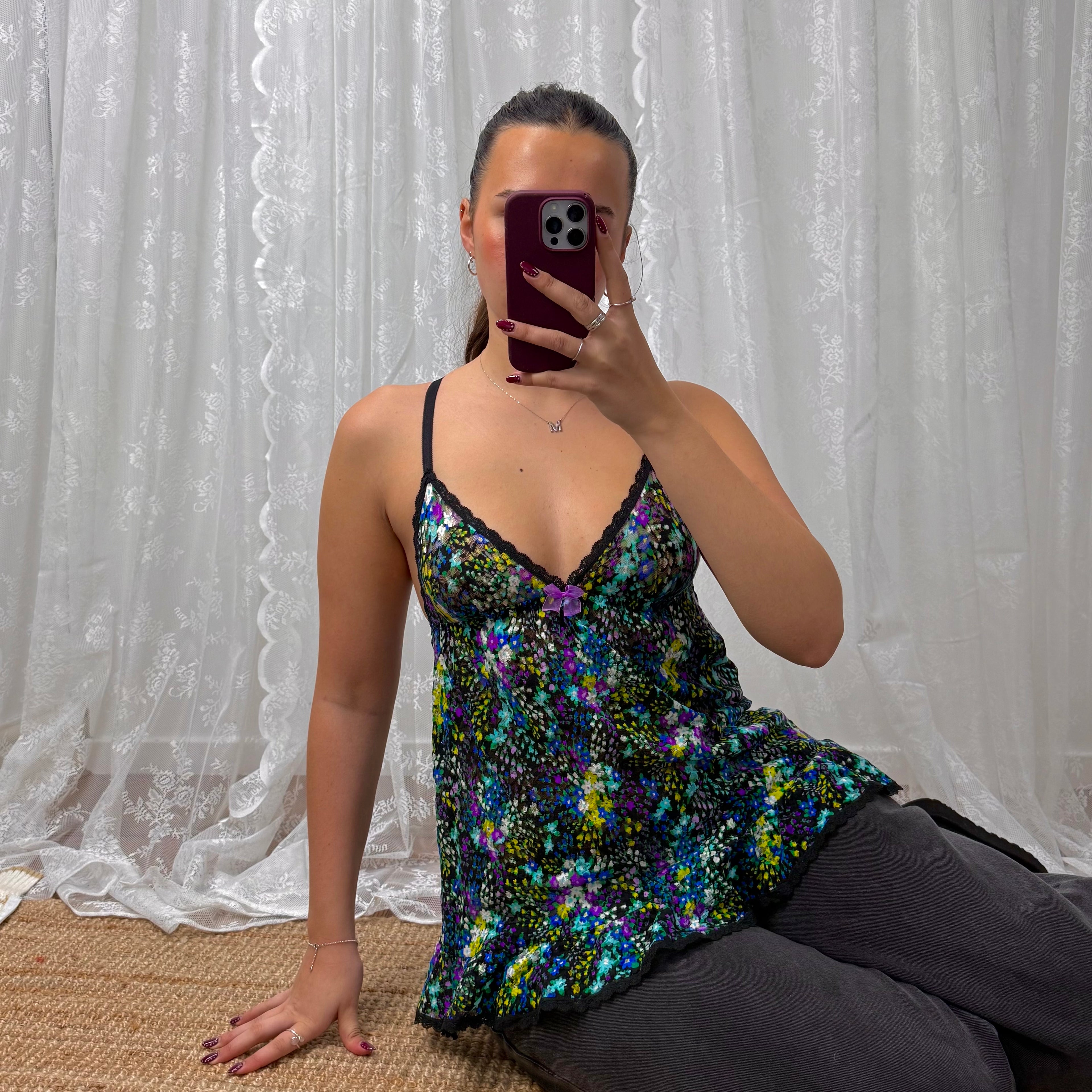 Multicoloured floral ditsy Longlined cami top