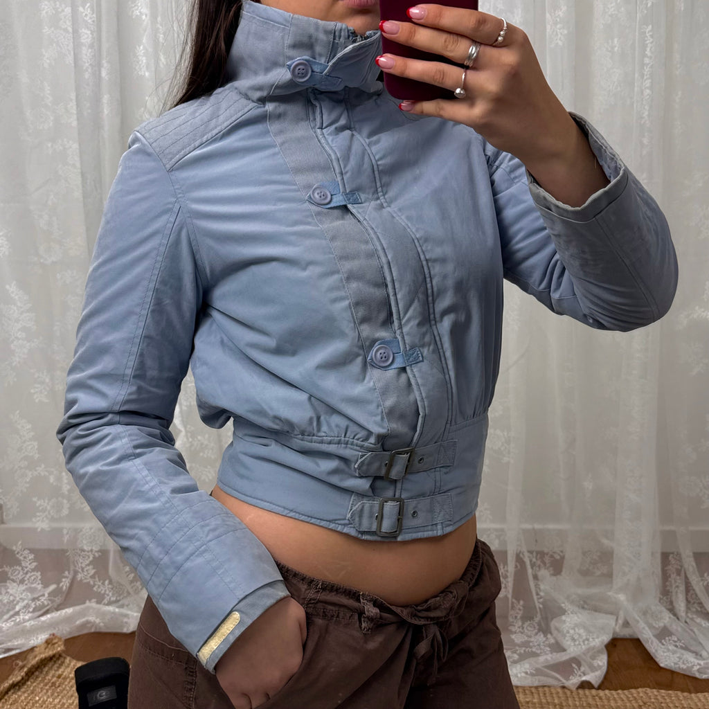 Blue padded cargo jacket with embroidered back