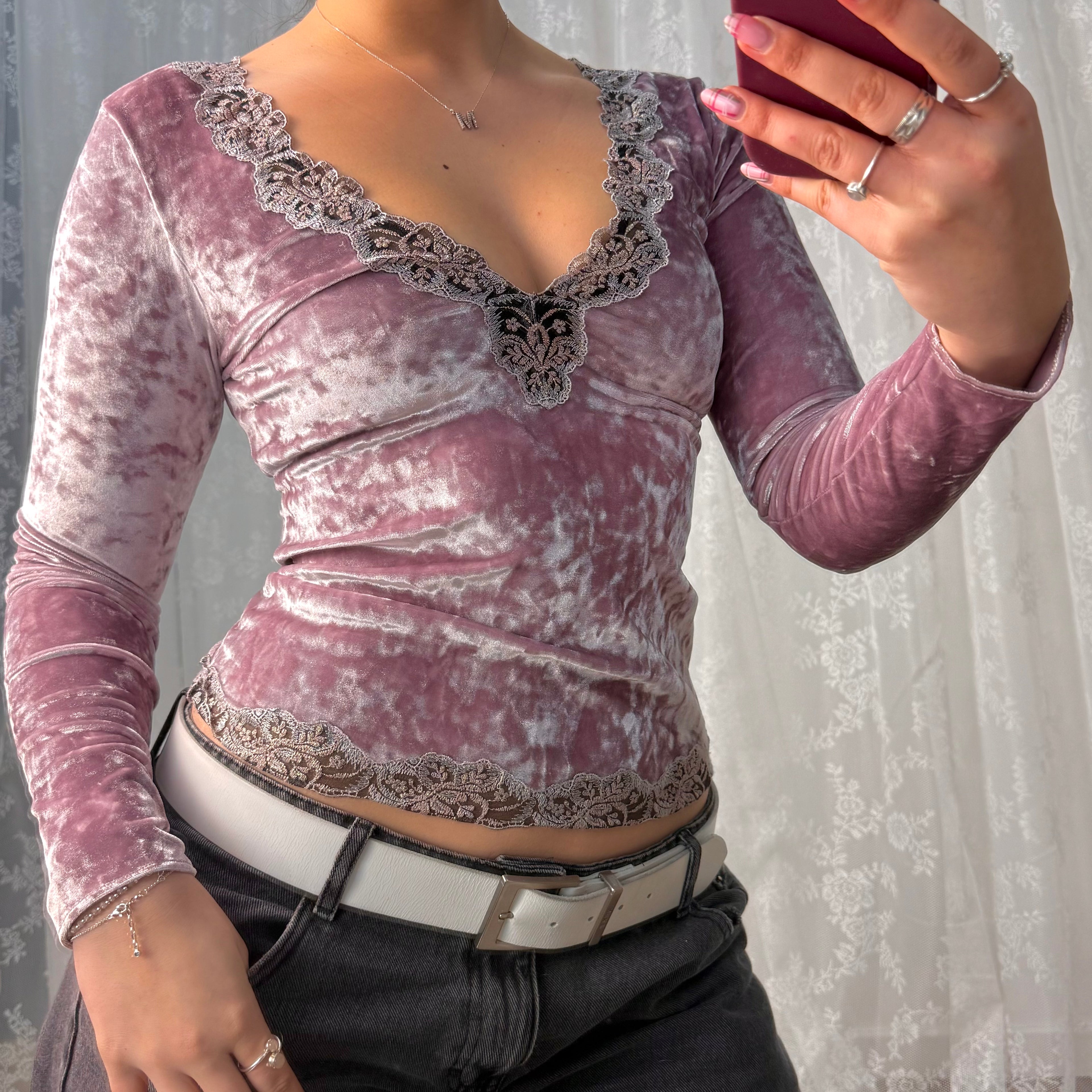 Pink velvet lace long sleeved top