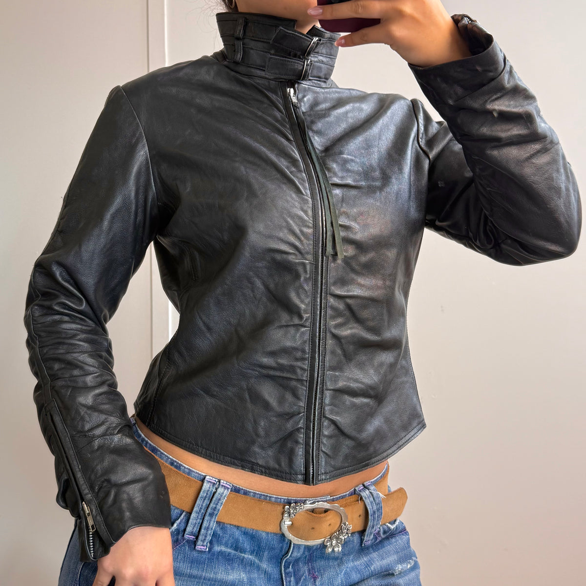 Black leather ruched jacket with collar detailing
