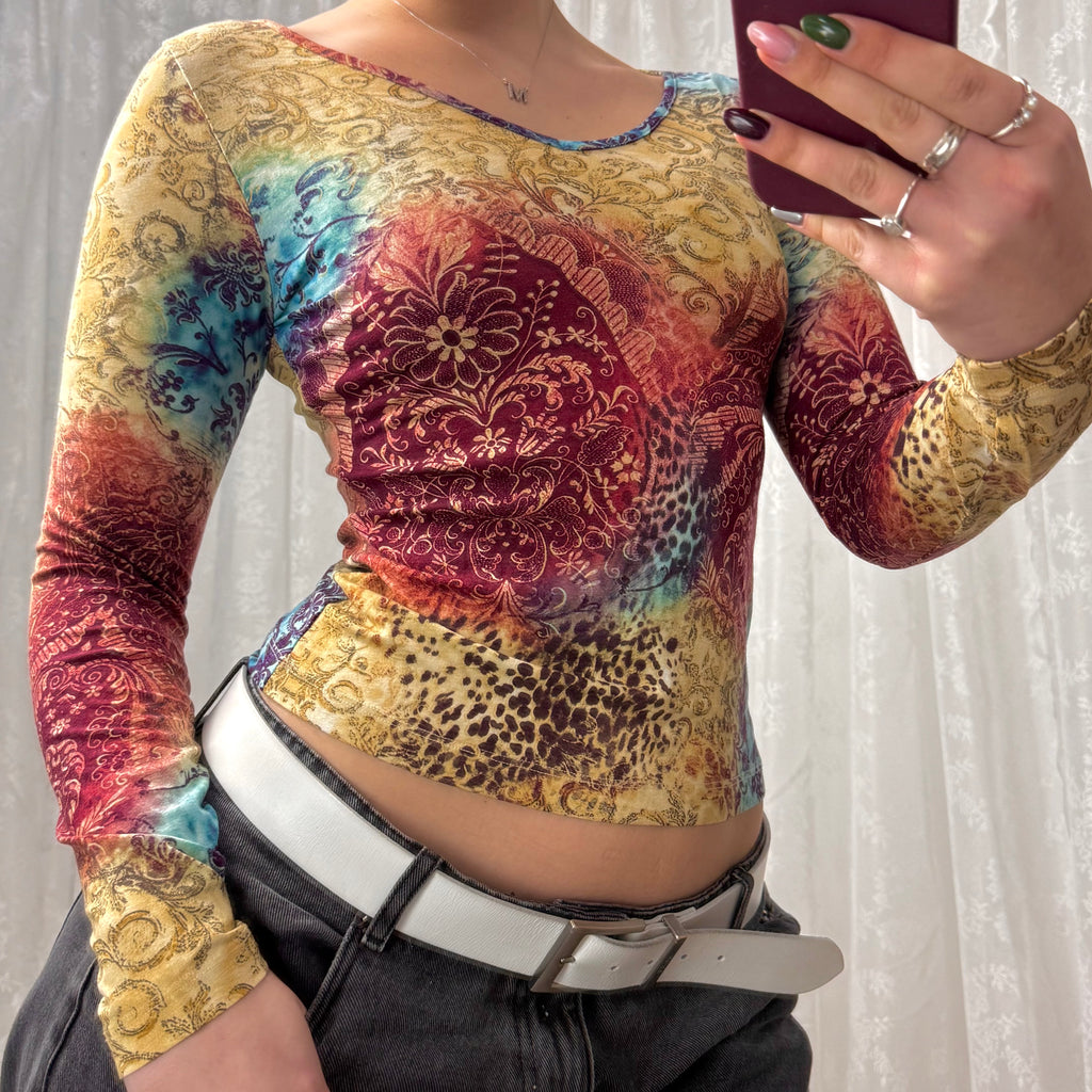 Multicoloured slinky patterned v neck long sleeved top