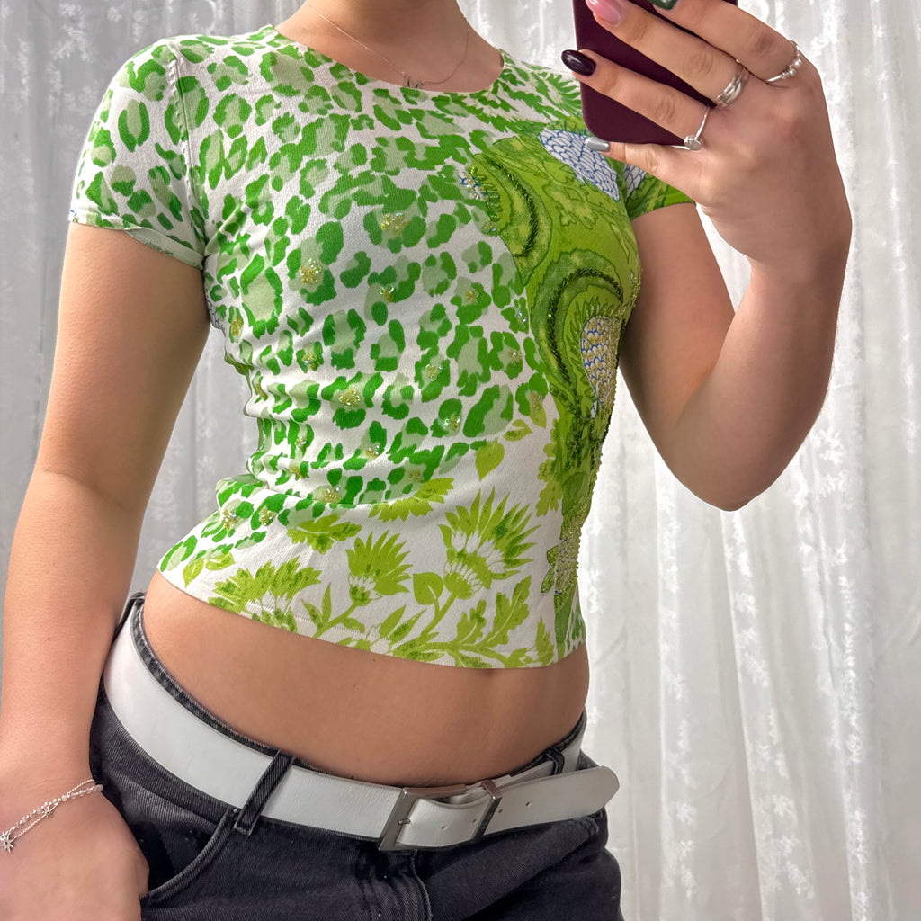 Green and white sequin baby tee