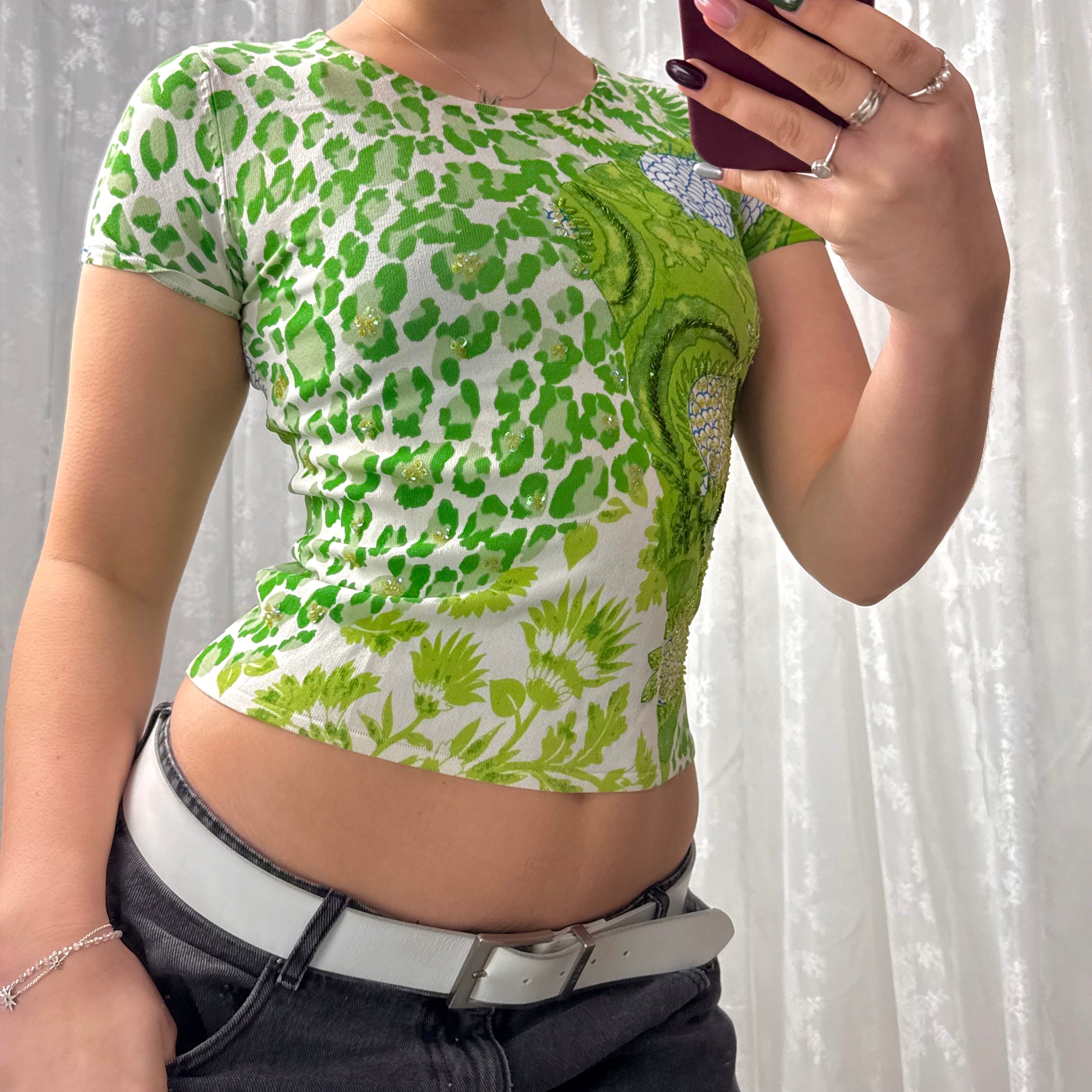 Green and white sequin baby tee
