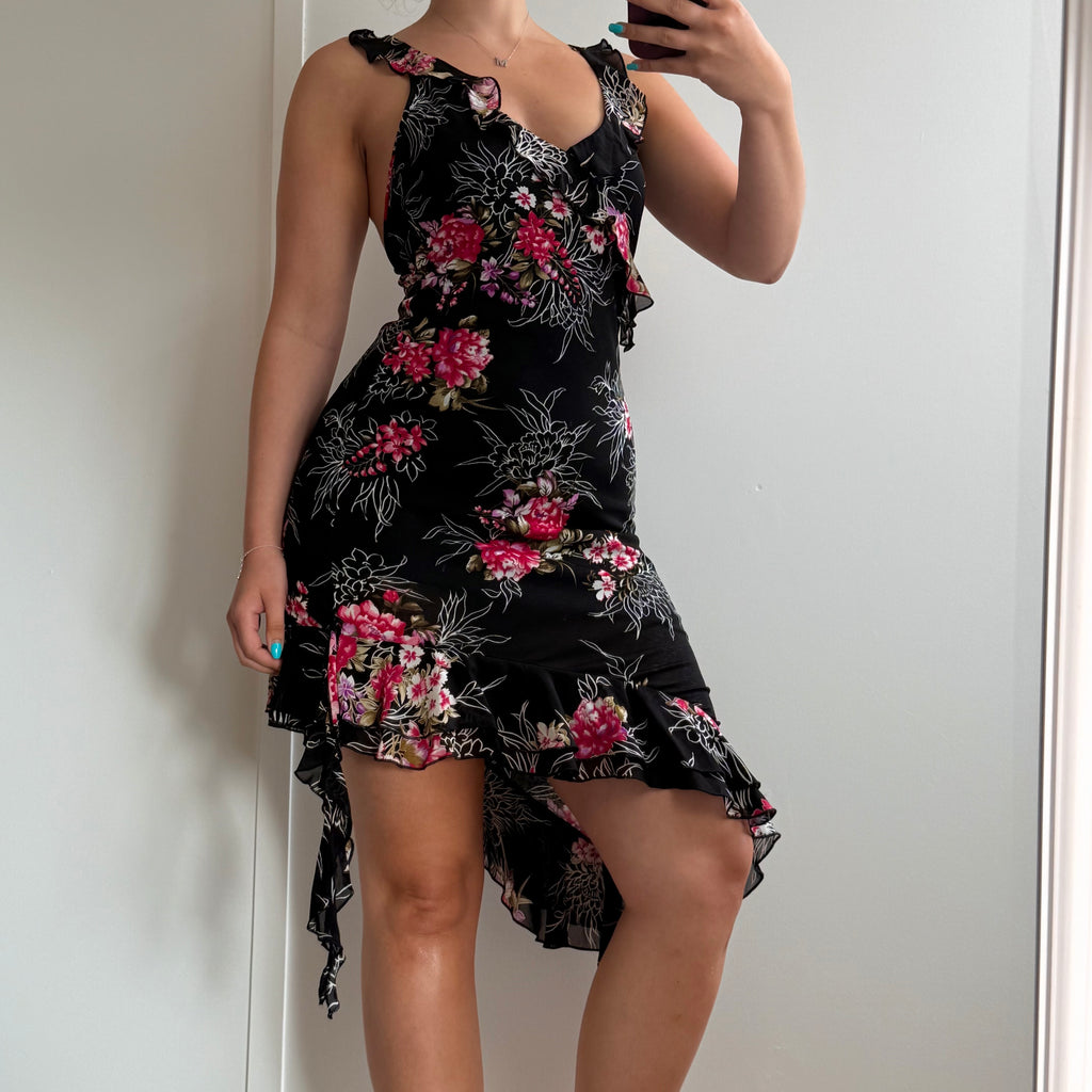 Black and pink floral mesh asymmetrical dress