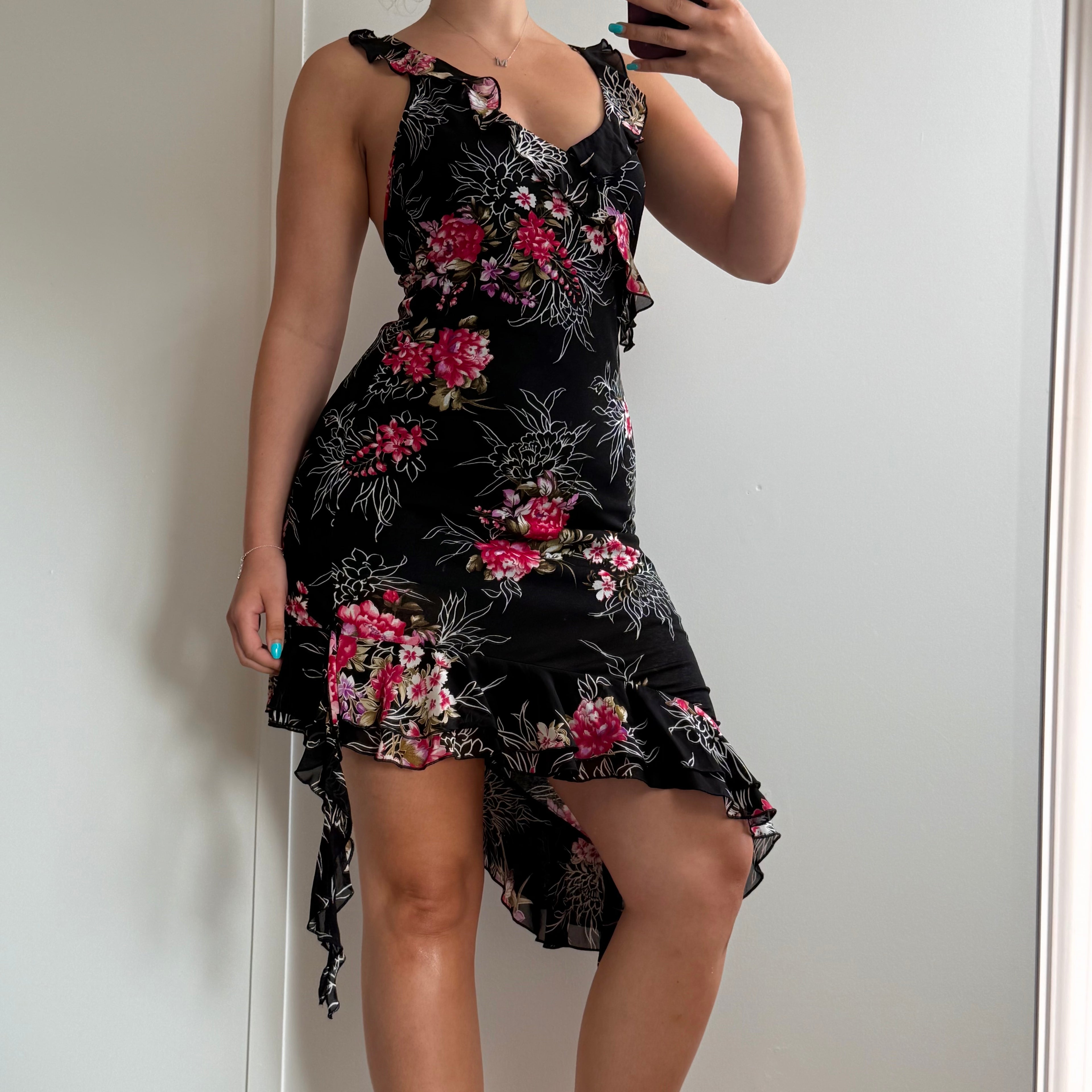Black and pink floral mesh asymmetrical dress