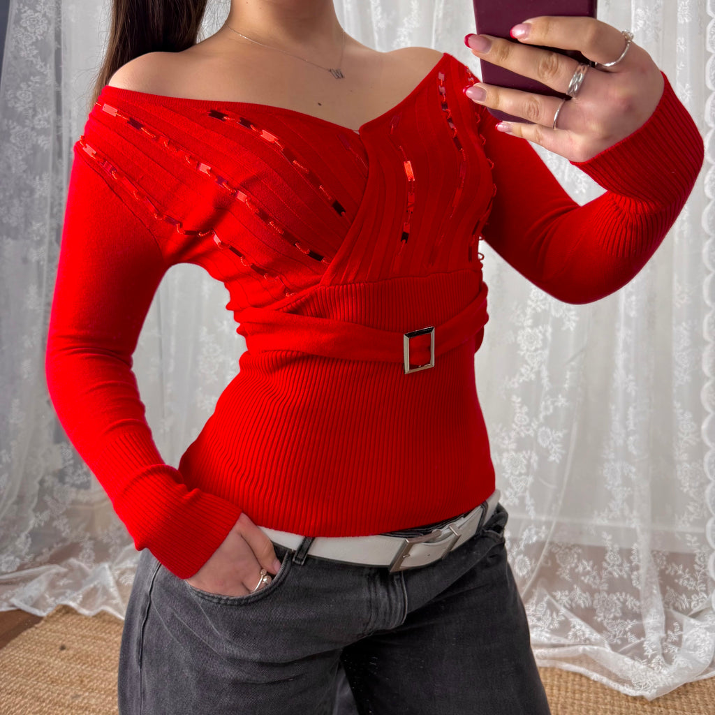 Red sequin off the shoulder buckle jumper