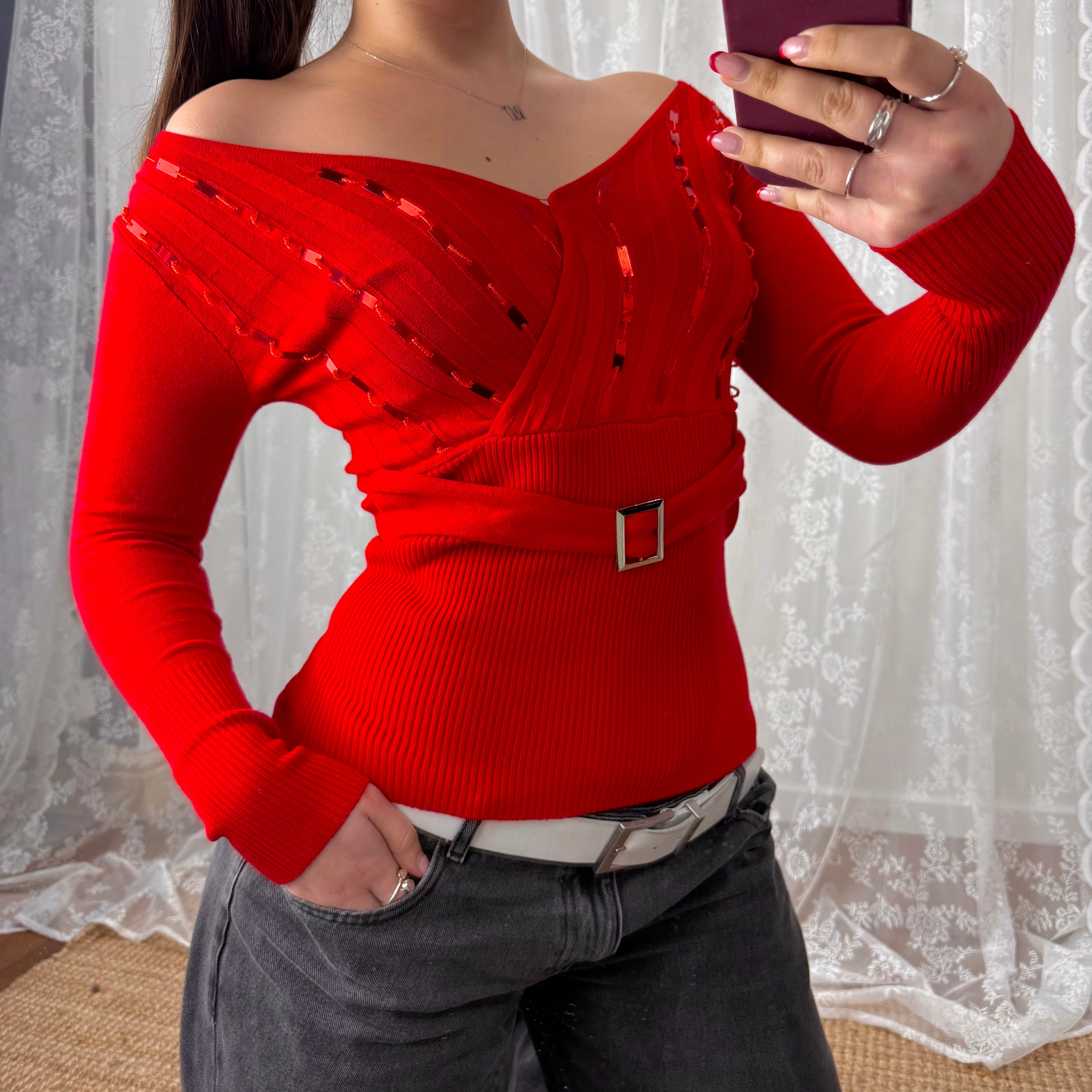Red sequin off the shoulder buckle jumper