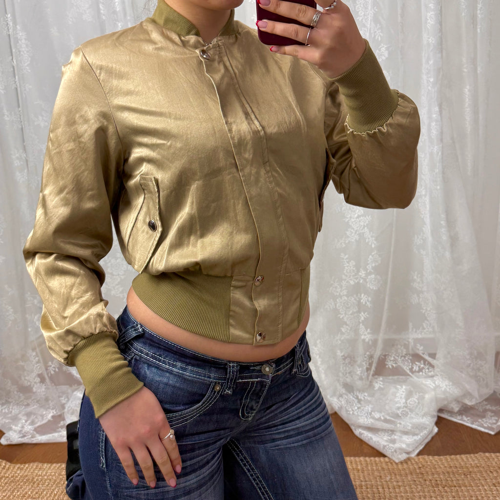 Green shiny satin bomber jacket