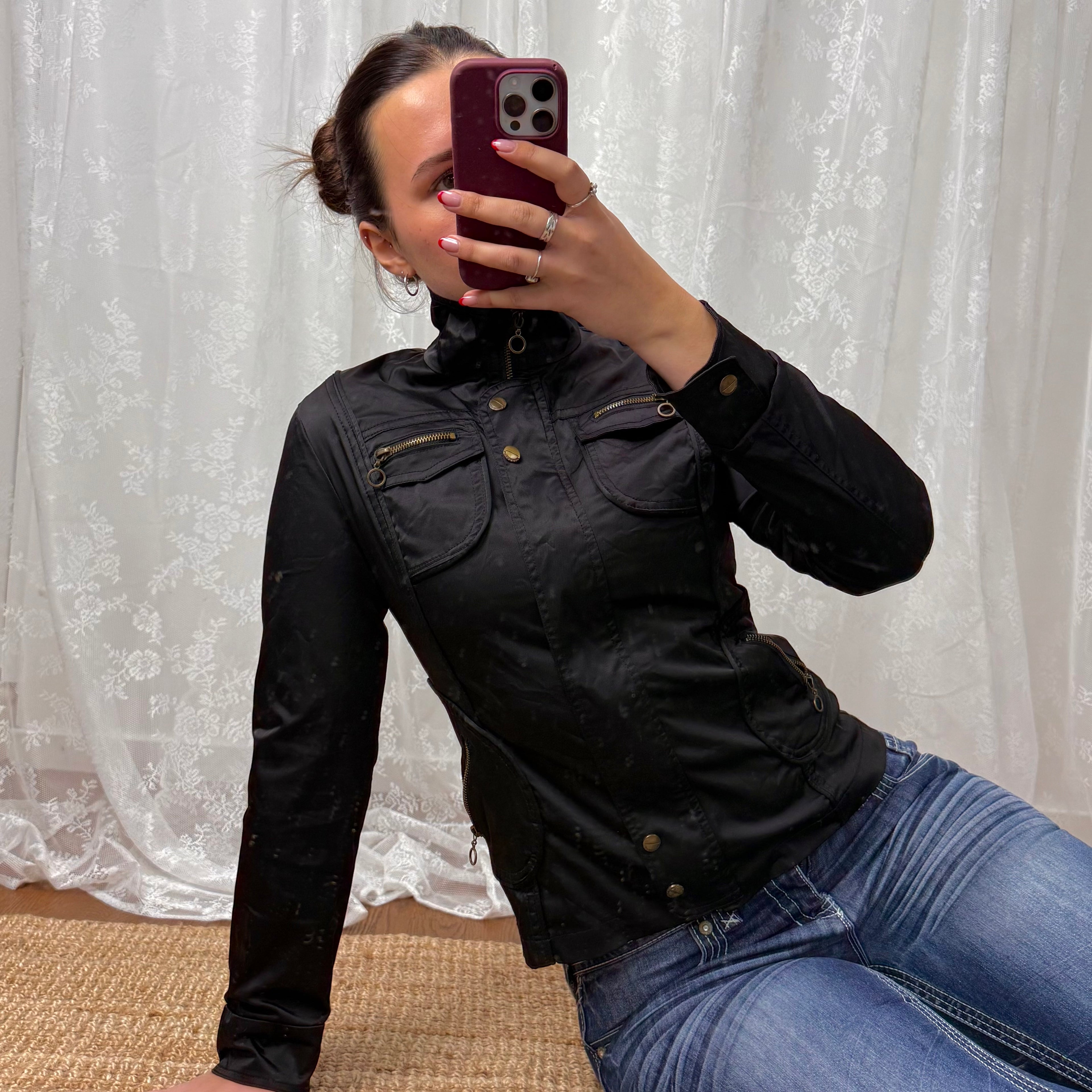 Black and gold shiny zip up cargo jacket