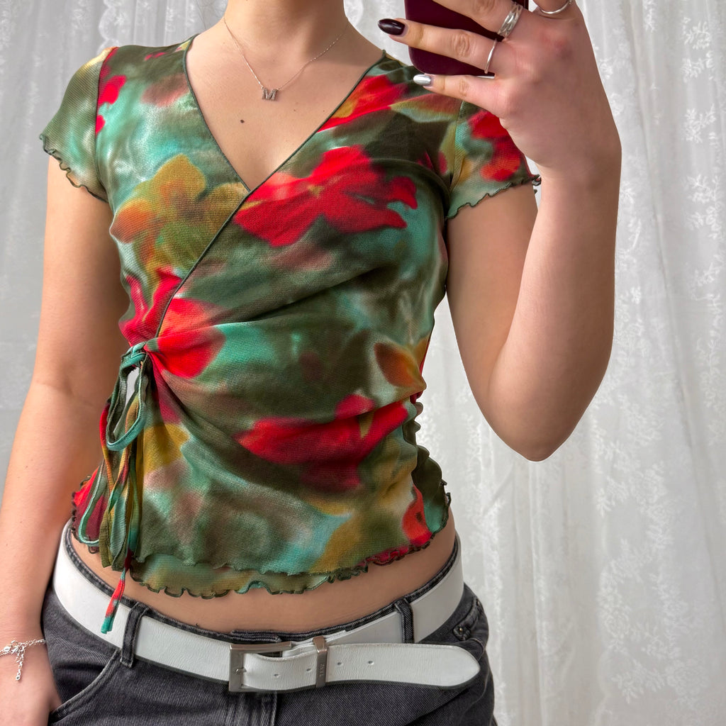 Multicoloured mesh wrap style top