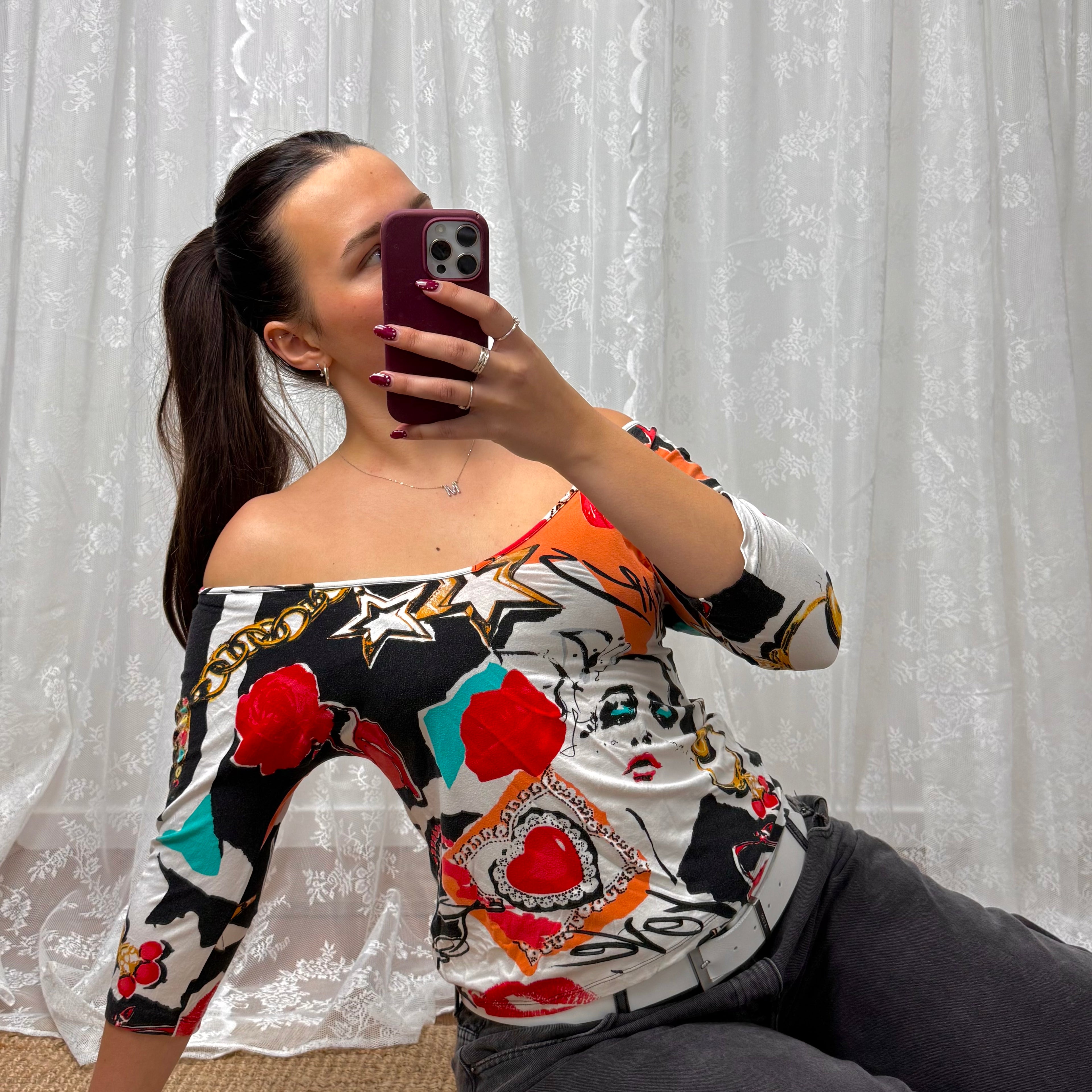 Graphic off the shoulder top