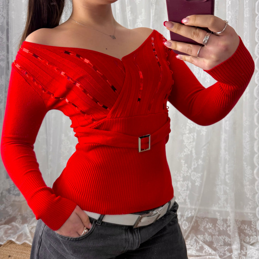 Red sequin off the shoulder buckle jumper