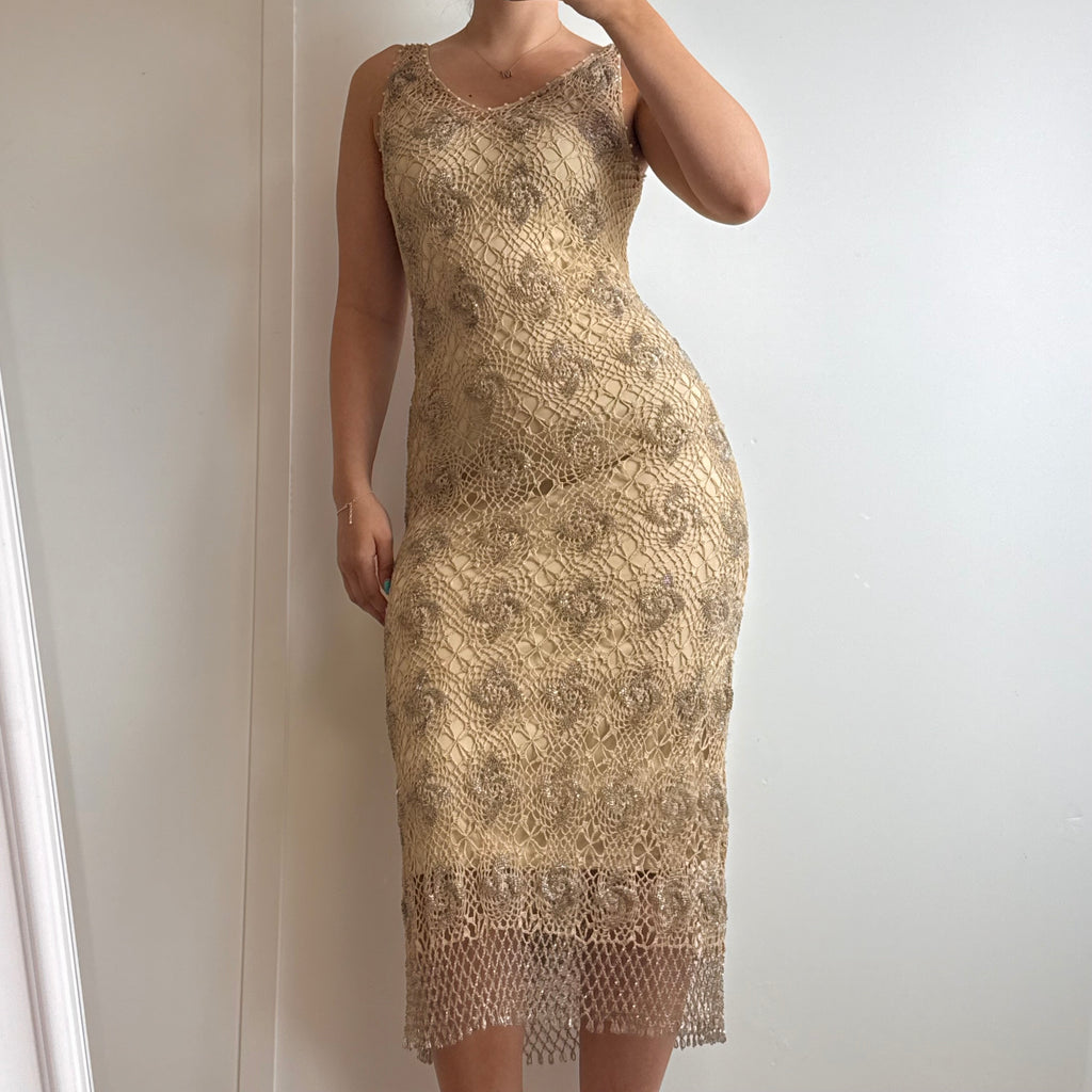 Beige crotchet fully beaded midi dress