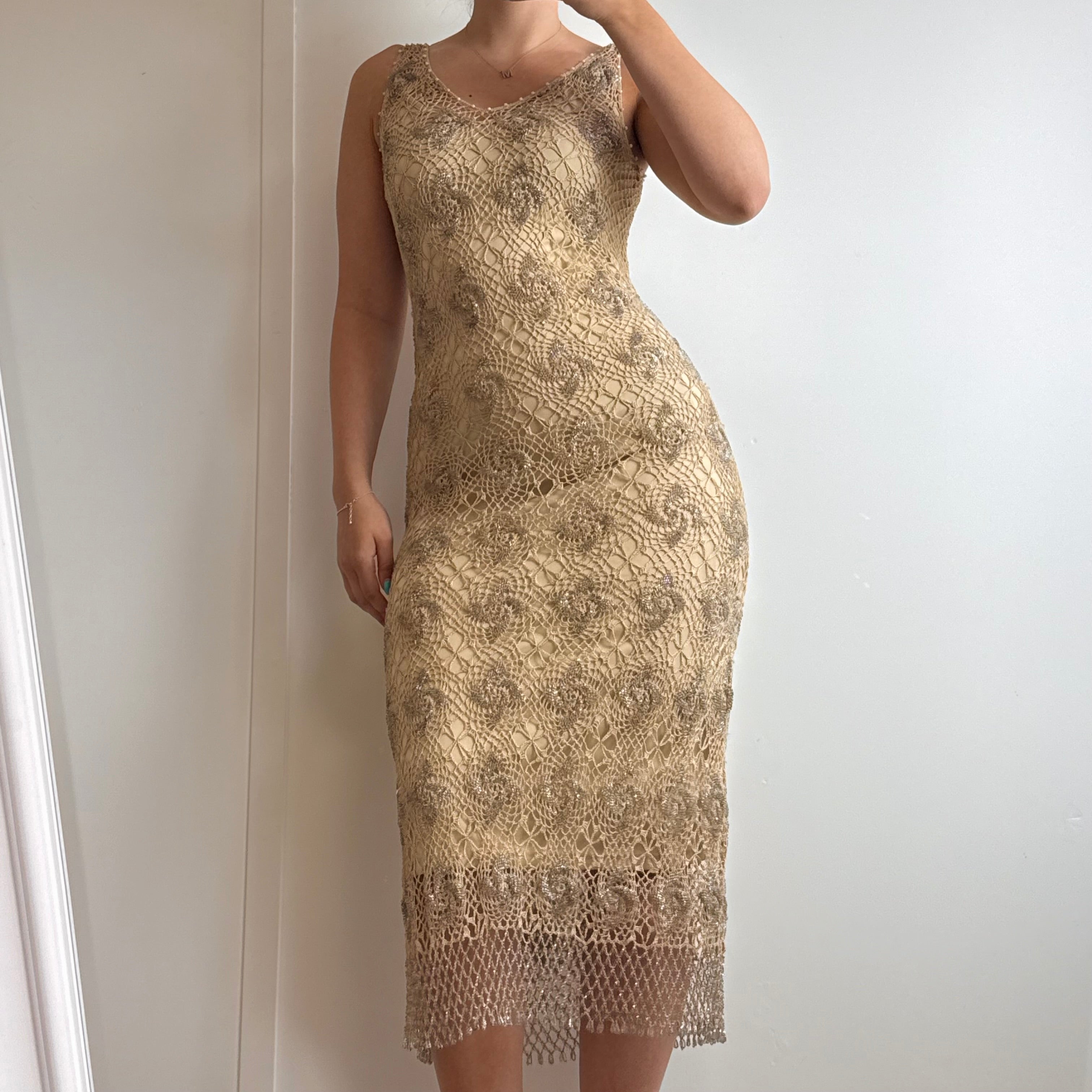 Beige crotchet fully beaded midi dress