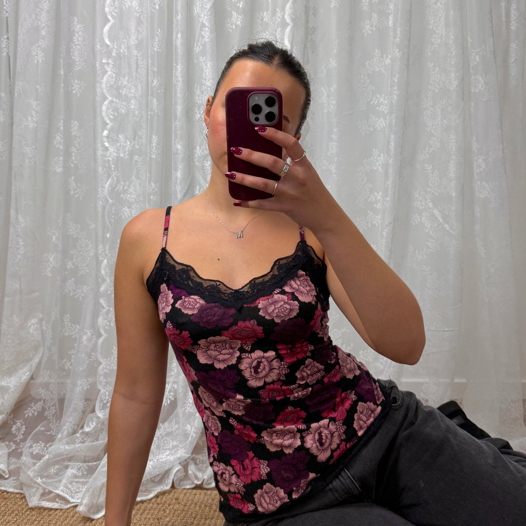 Black and pink floral lace cami top