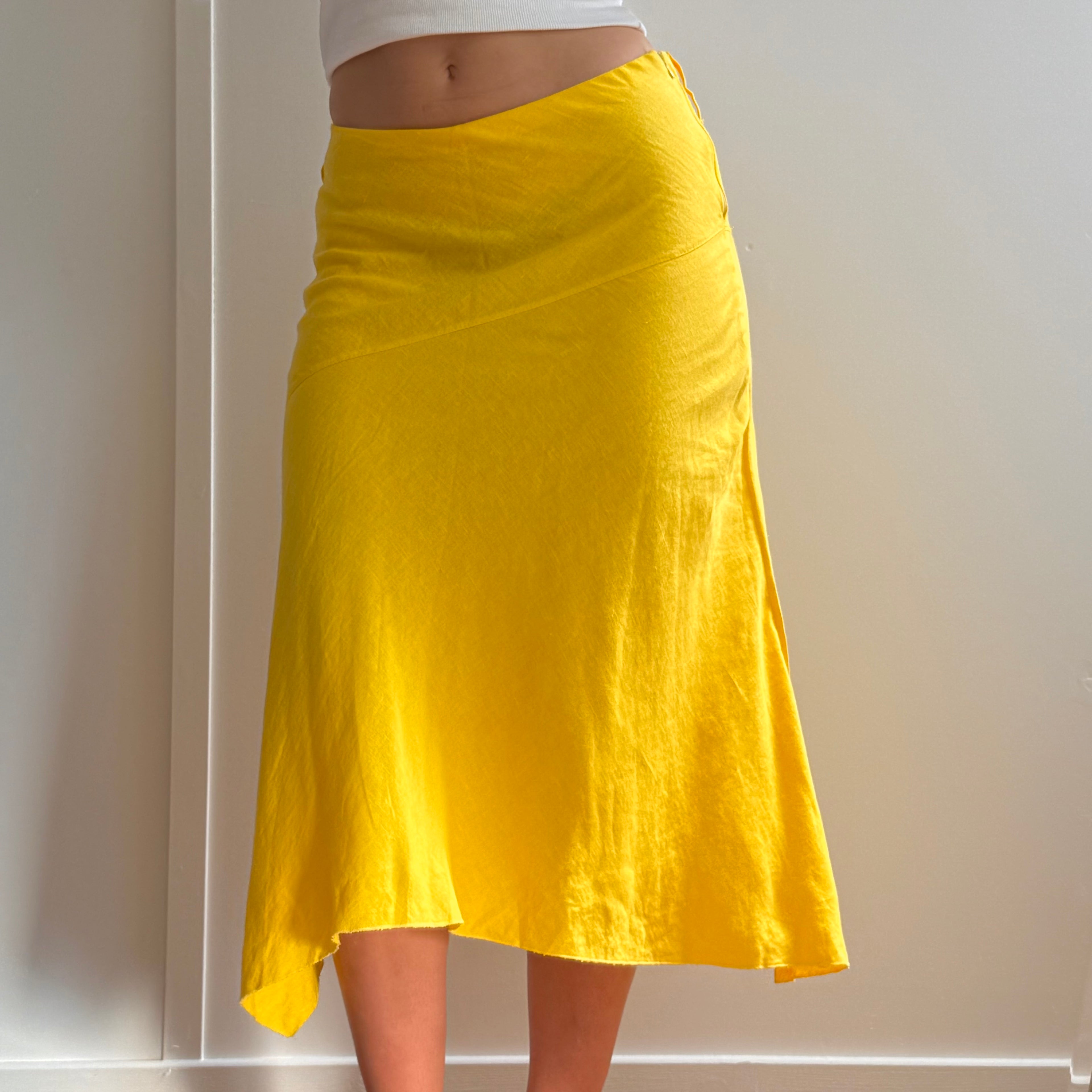 Yellow linen asymmetrical midi skirt