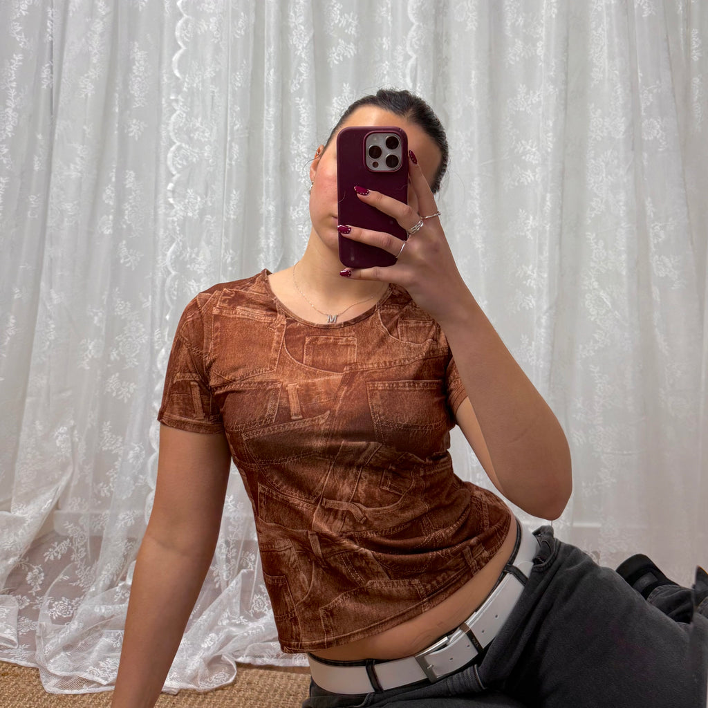 Brown Jean detailed tshirt