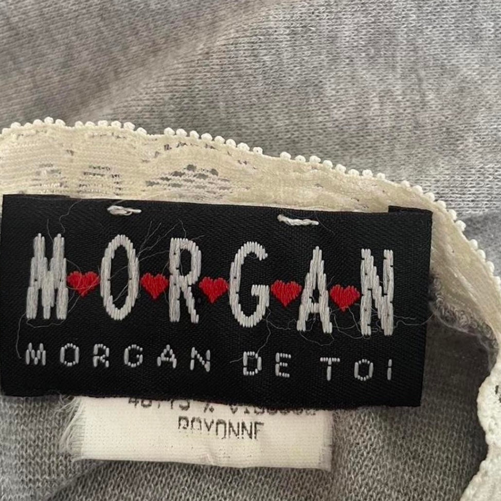 Grey vintage button up cardigan with white lace trim