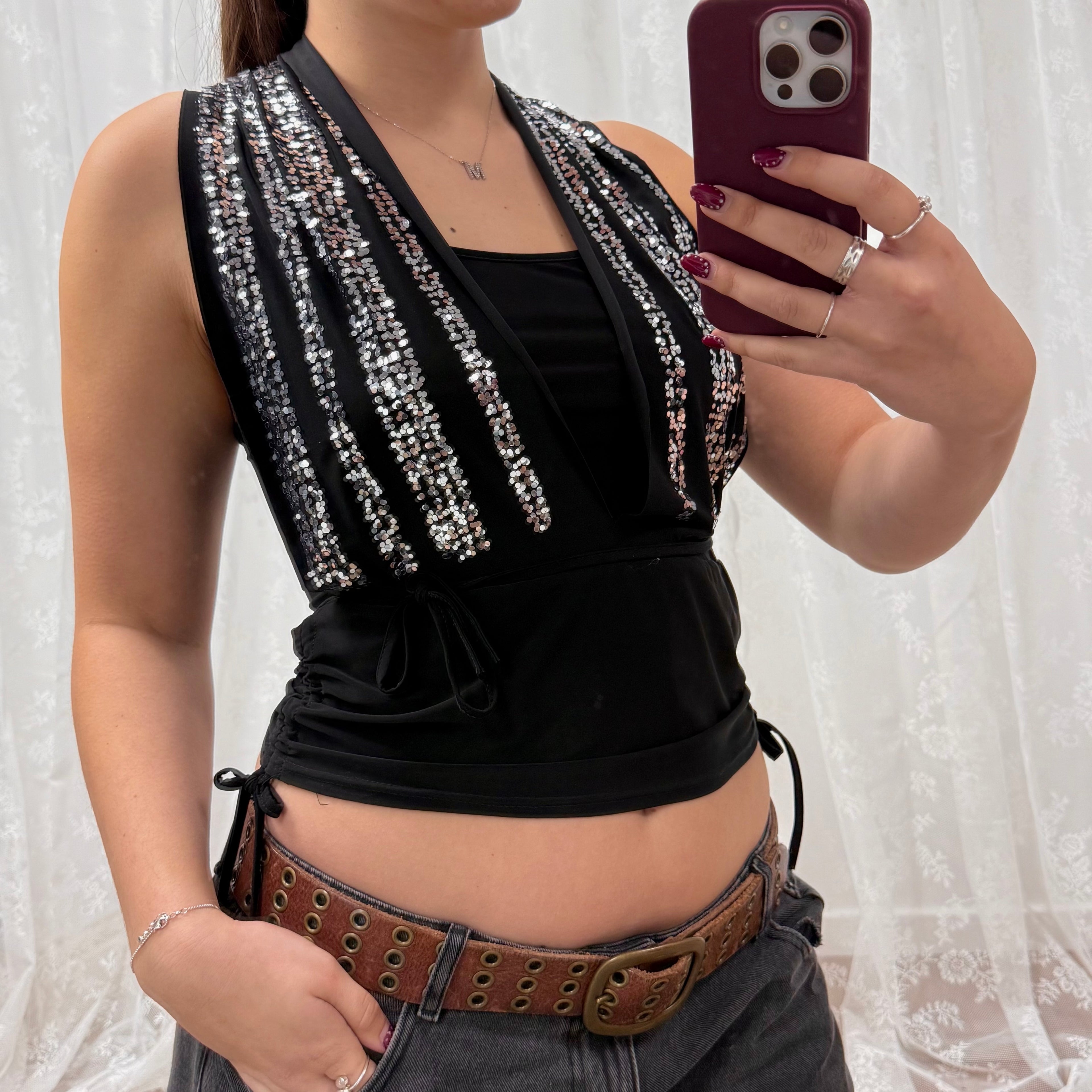 Black double layered glittery cowl neck top with tie around detail