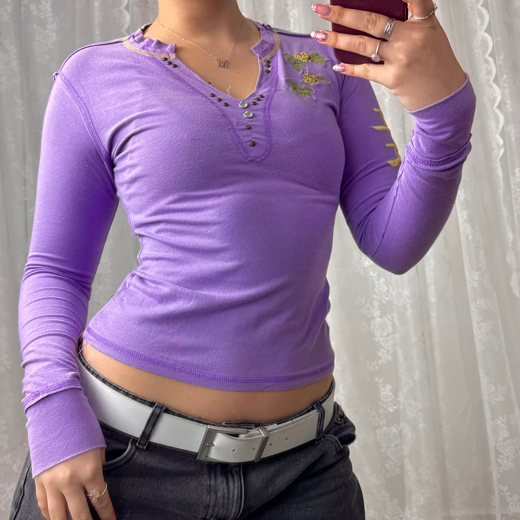 Purple and yellow embroider v neck long sleeved top