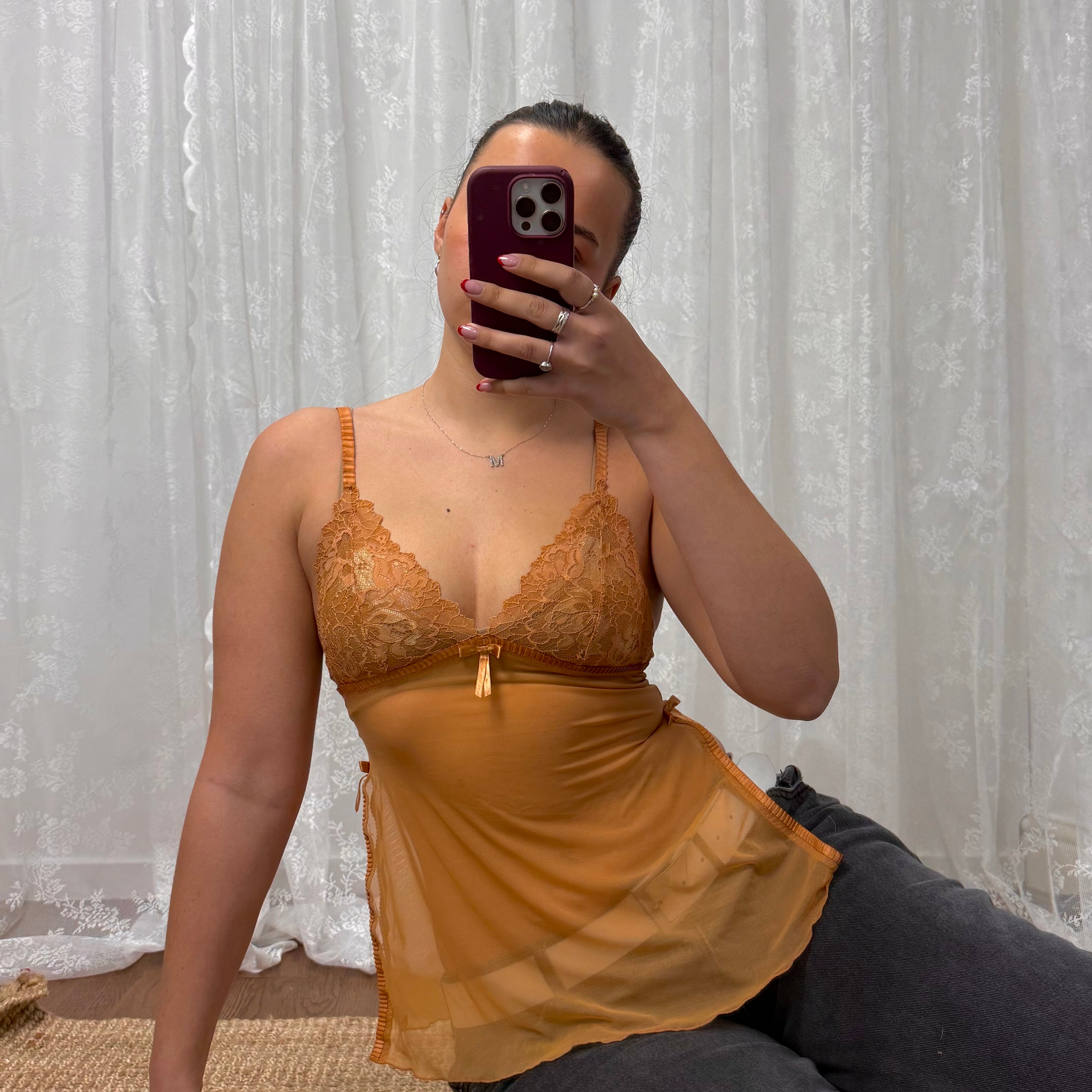 Orange lace mesh cami
