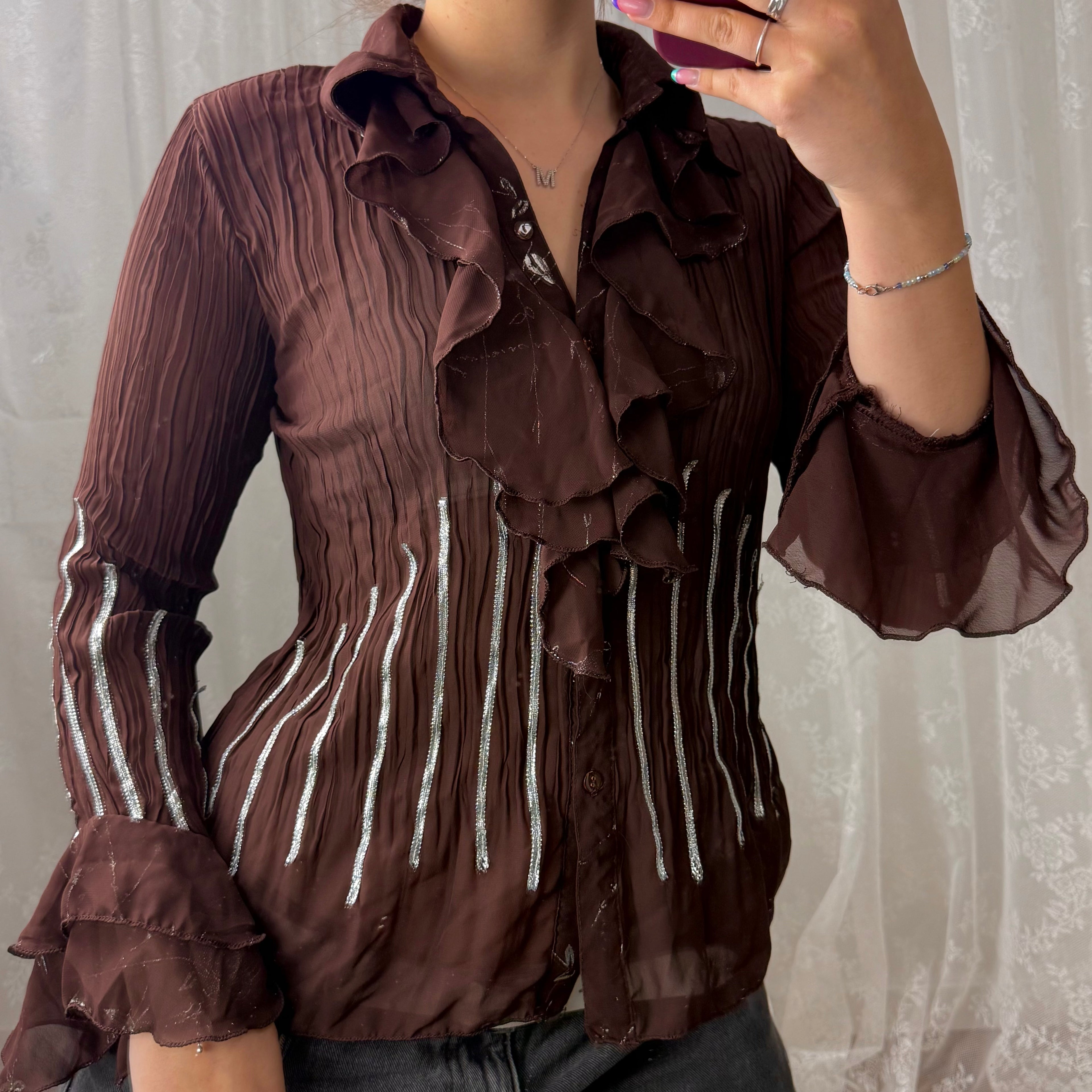Brown mesh ruffle detailed shirt