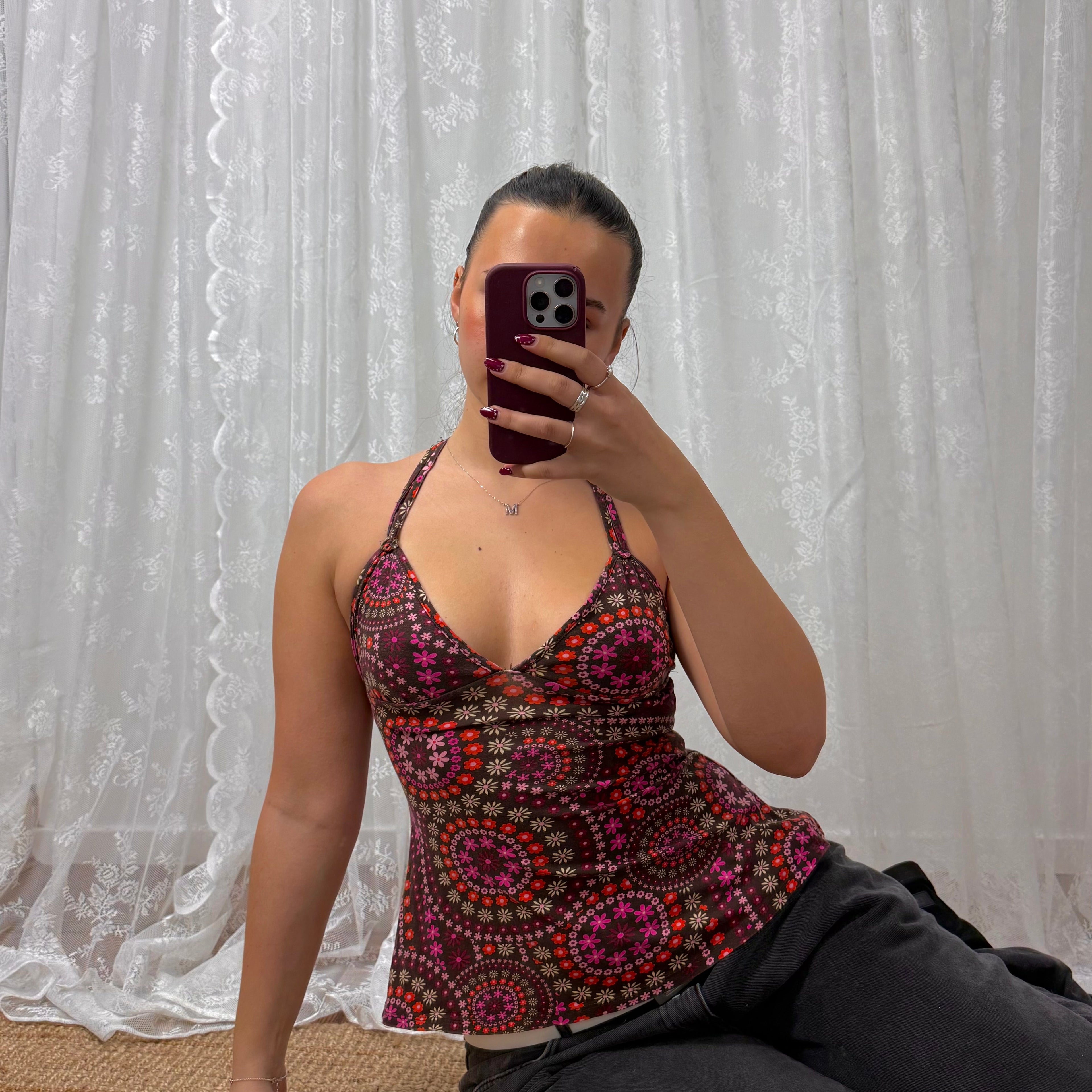 Vintage pink patterned halterneck