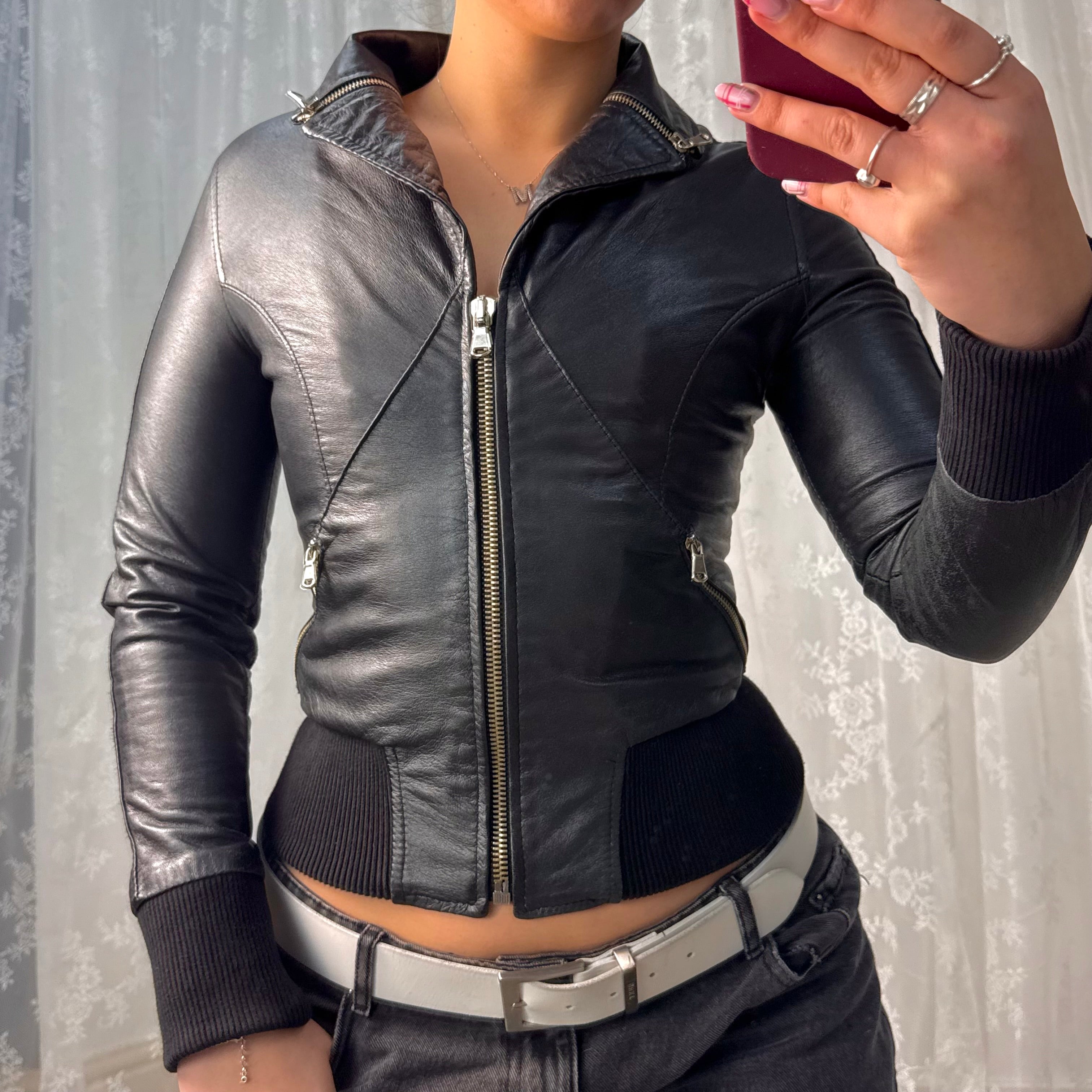 Black leather bomber jacket with zip detailing