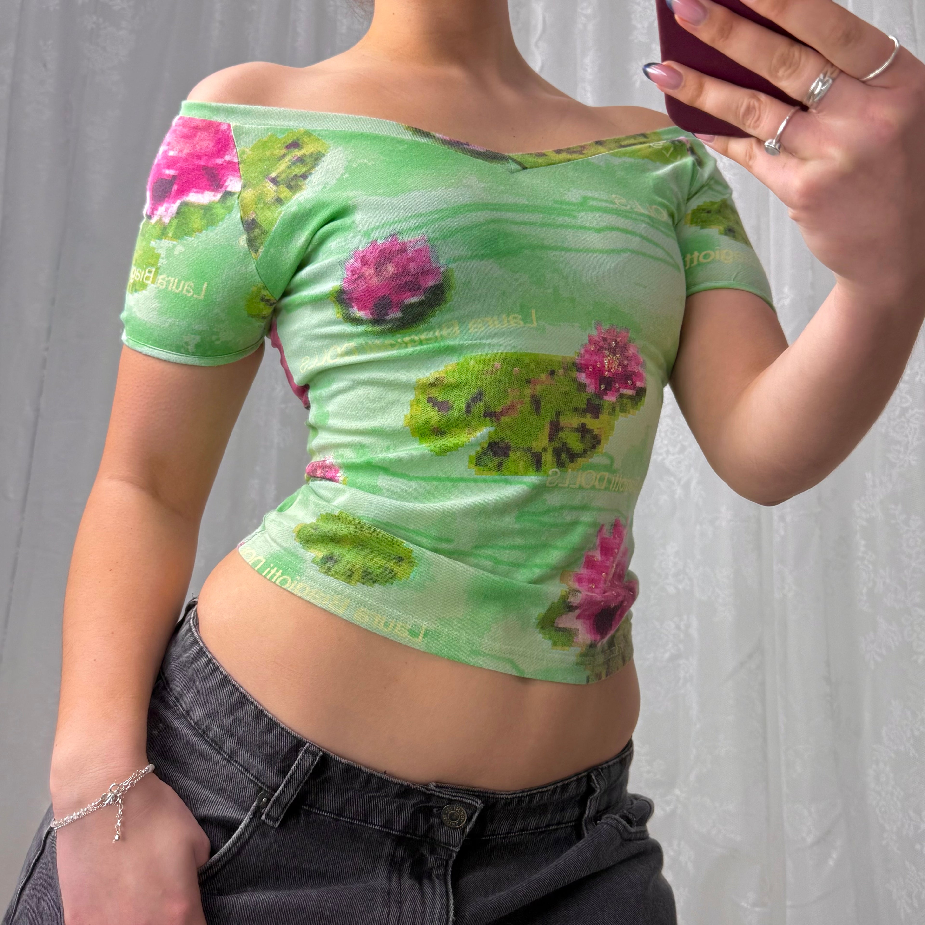 Green patterned off the shoulder top