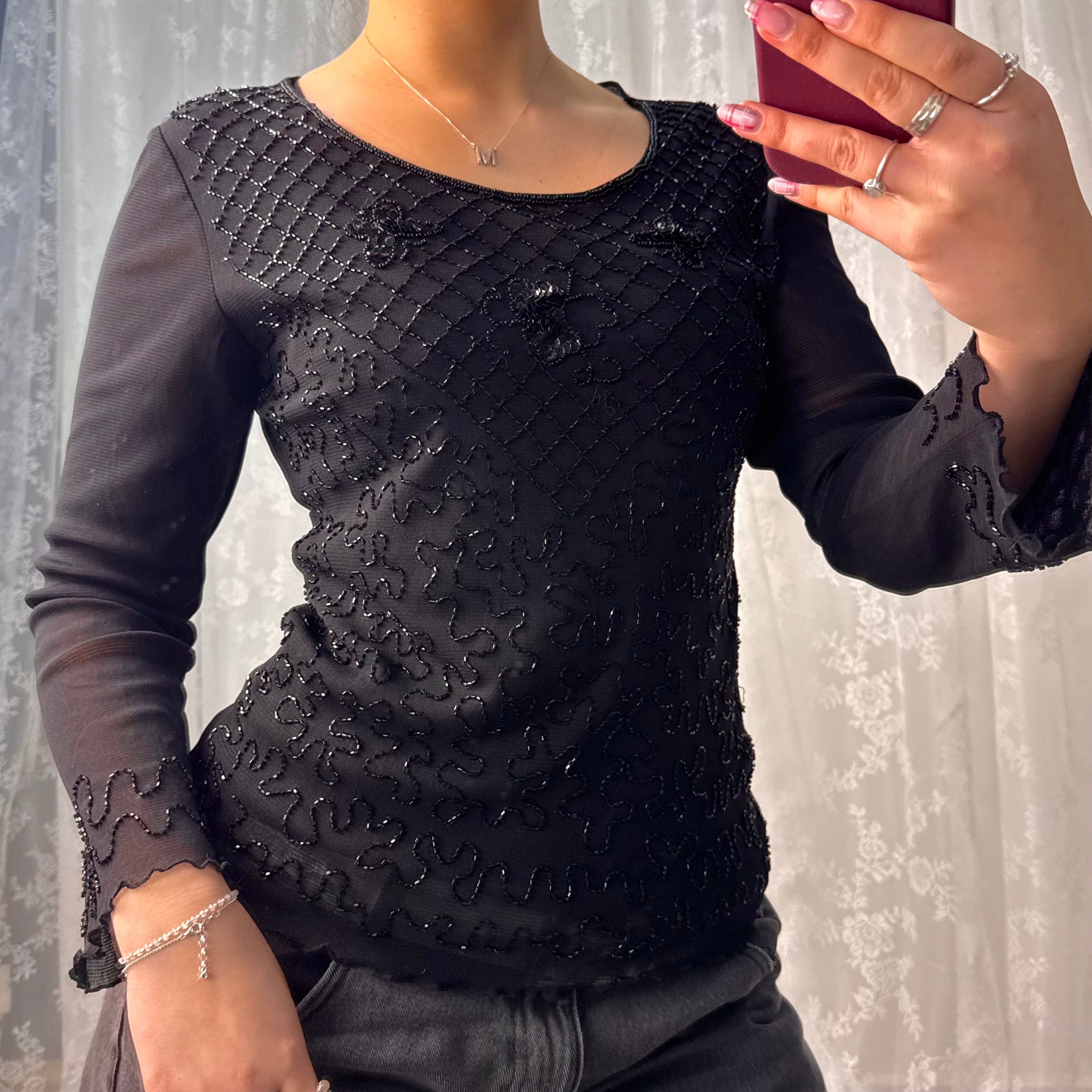 Black beaded long sleeved top
