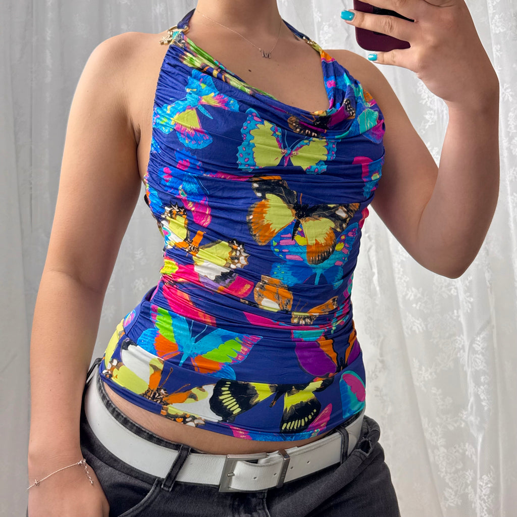 Butterfly slinky cowl neck top