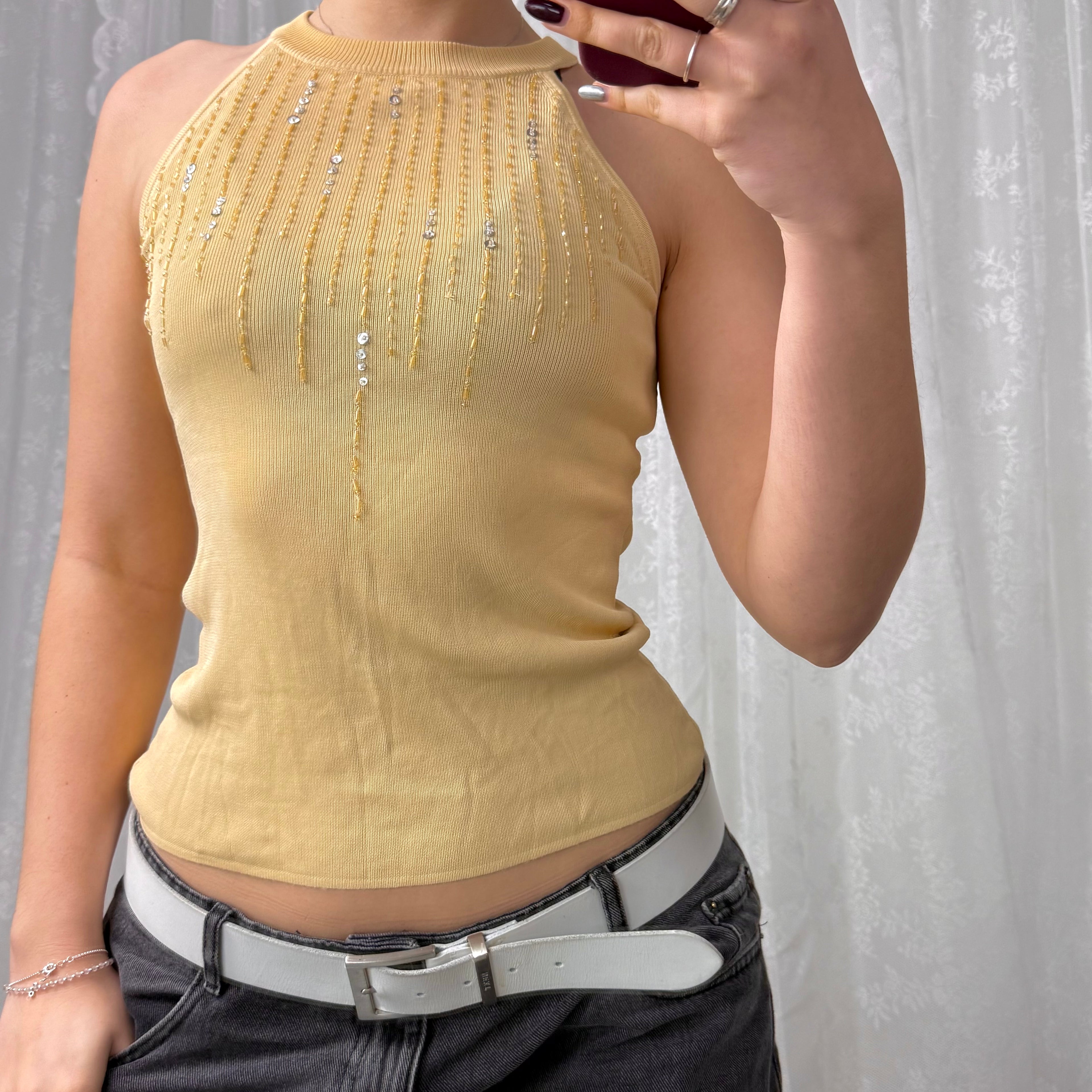 Beige sequin racer top