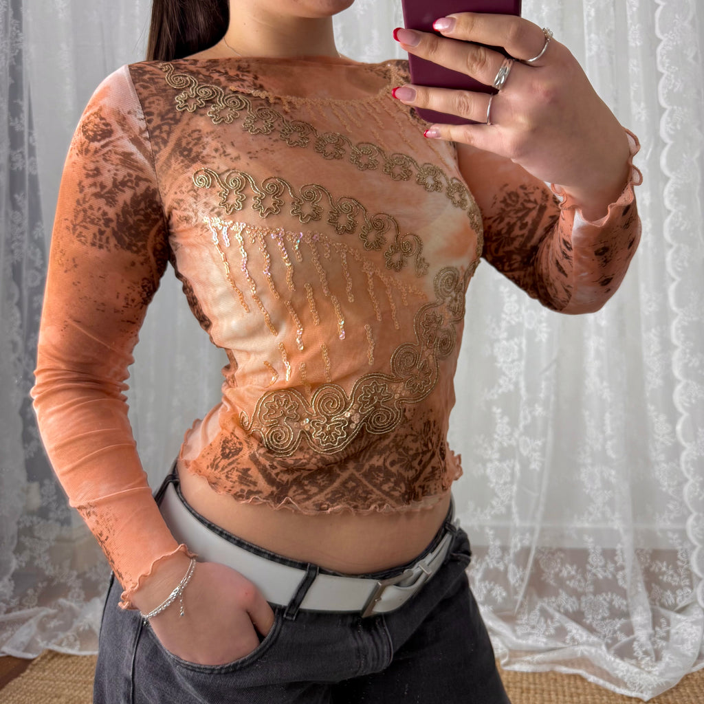 Pink mesh beaded and sequin long sleeved top