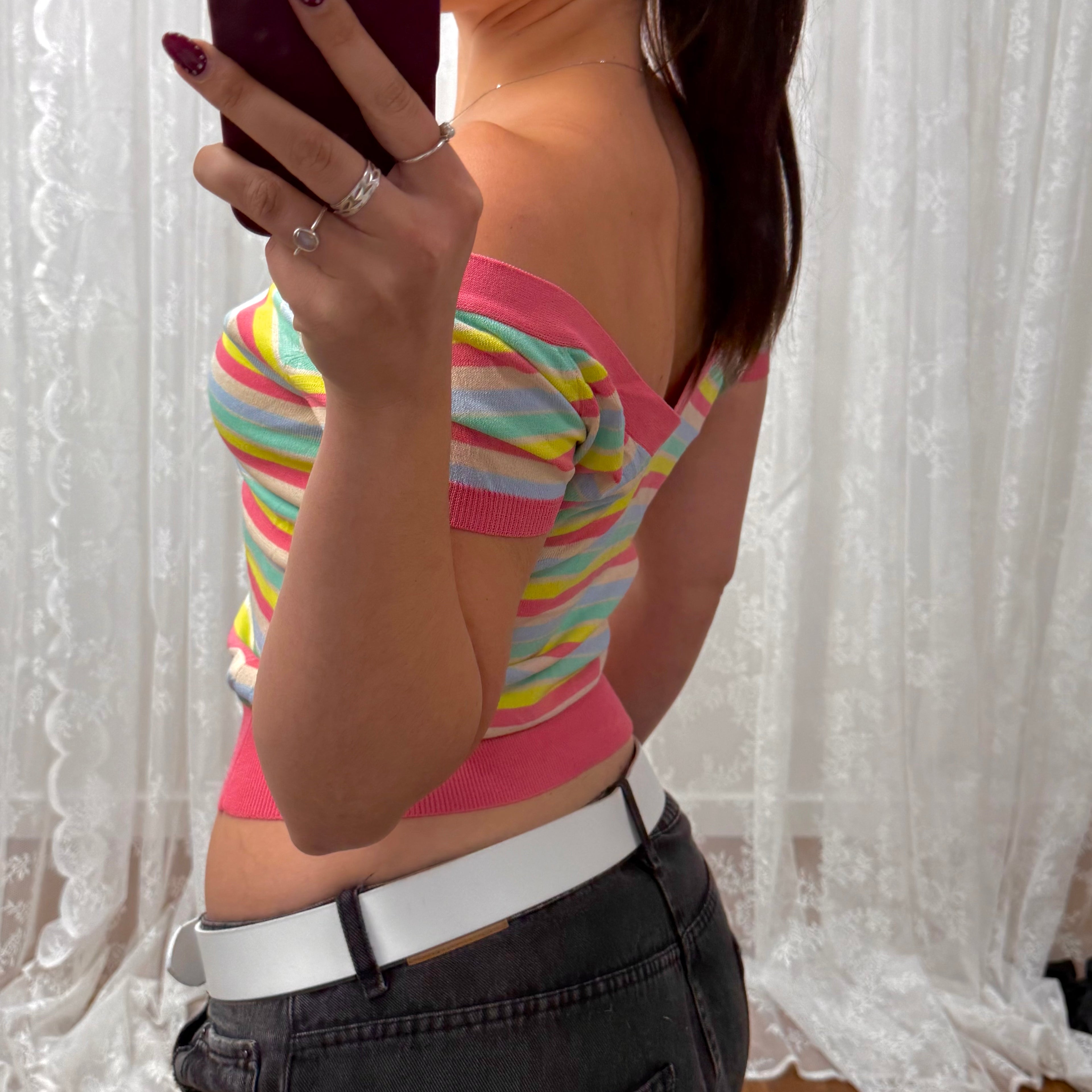 Multicoloured striped off the shoulder top