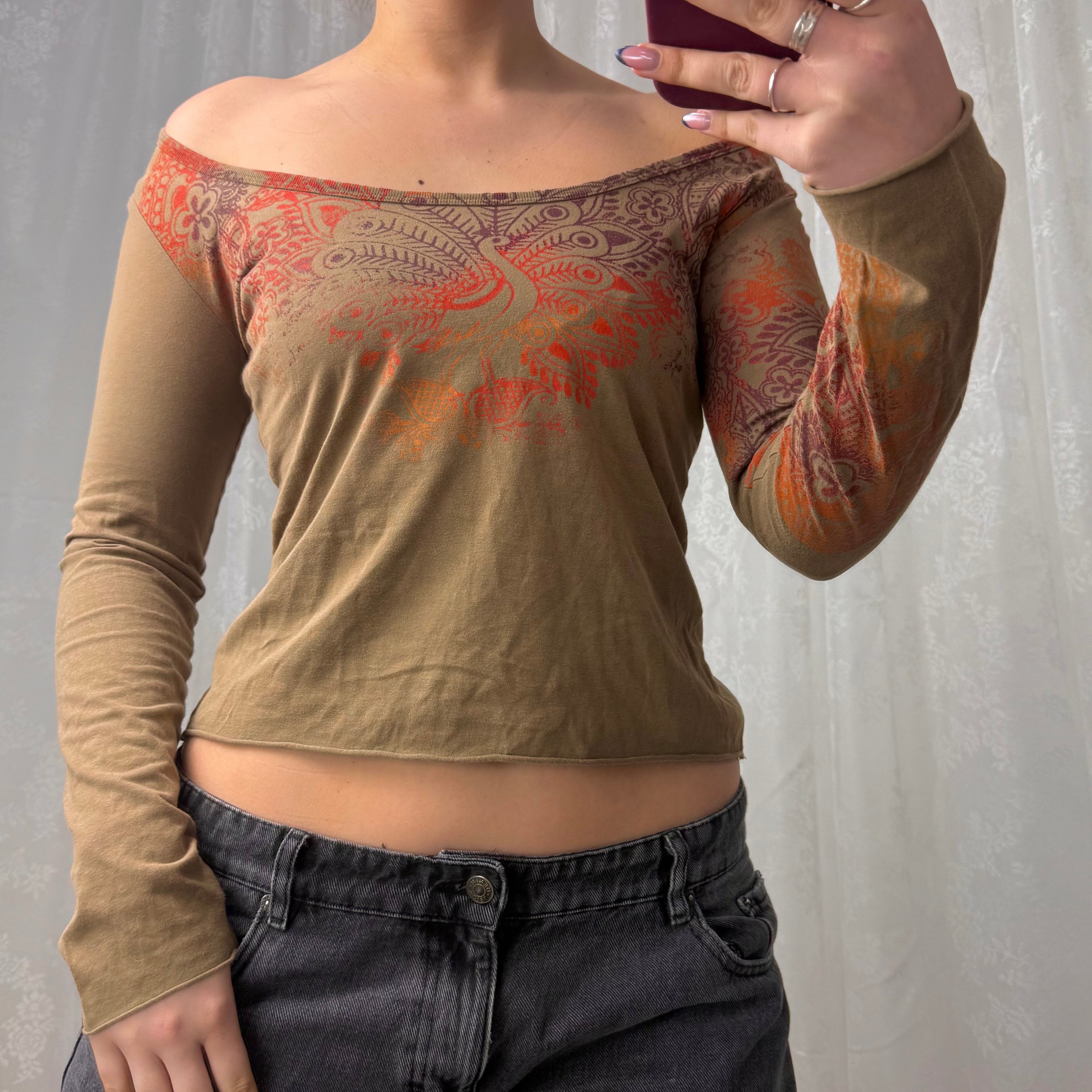 Khaki/brown GUESS patterned off the shoulder long sleeved top