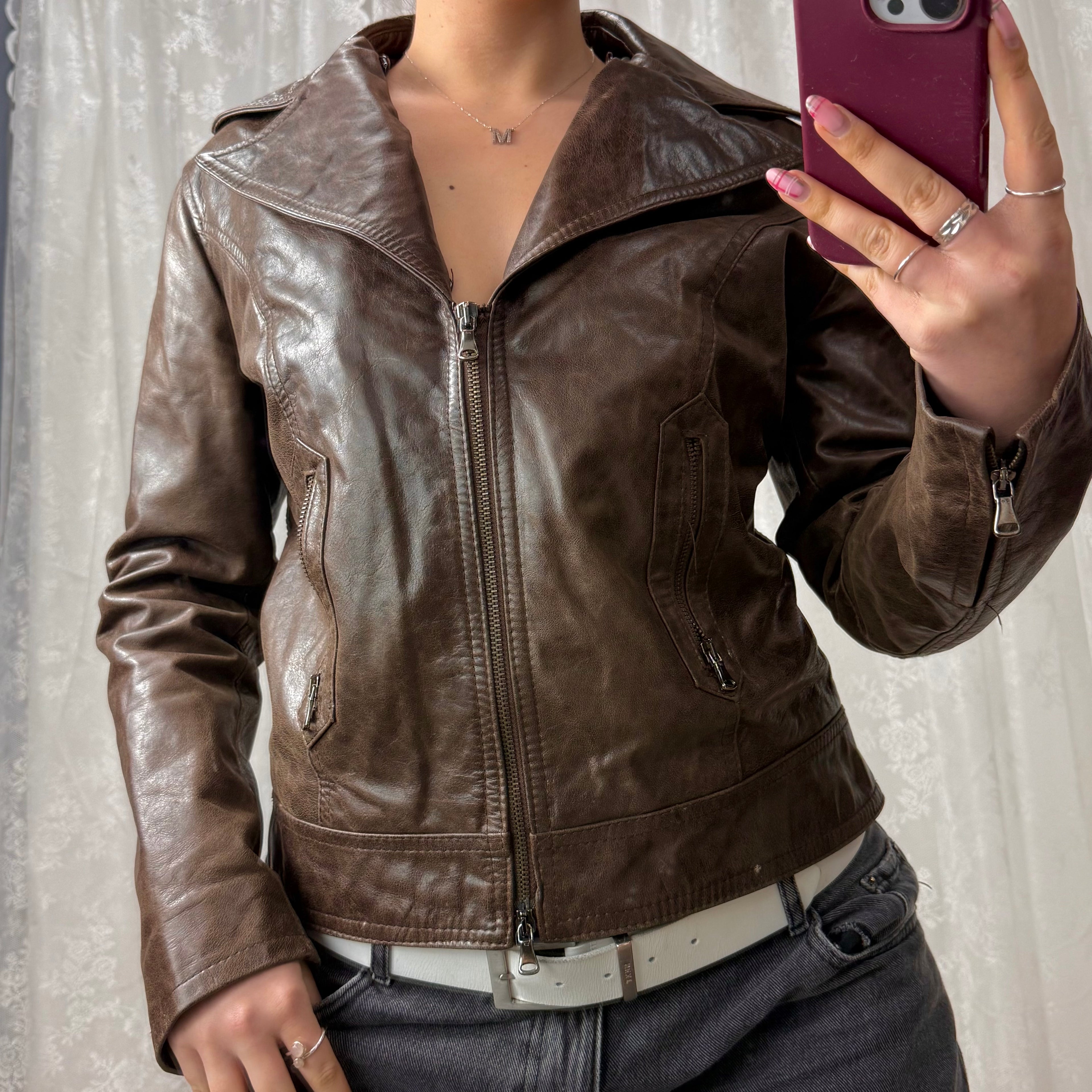 Brown leather collared double zip jacket