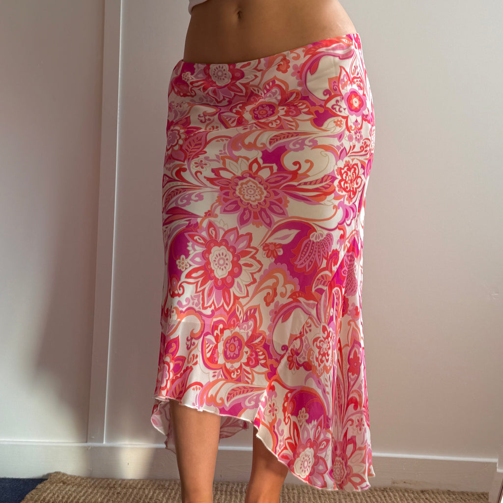 Pink patterned mesh midi skirt