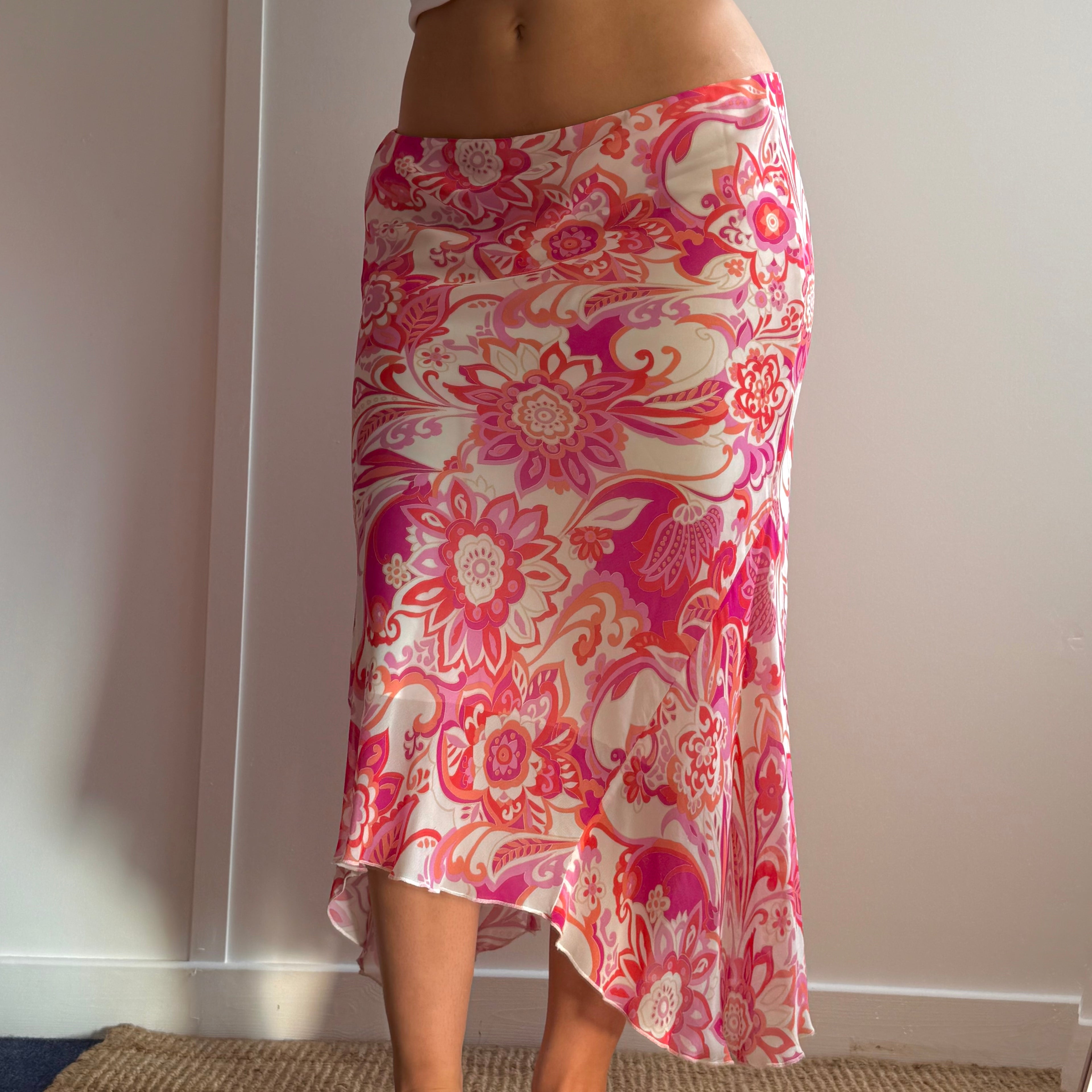 Pink patterned mesh midi skirt