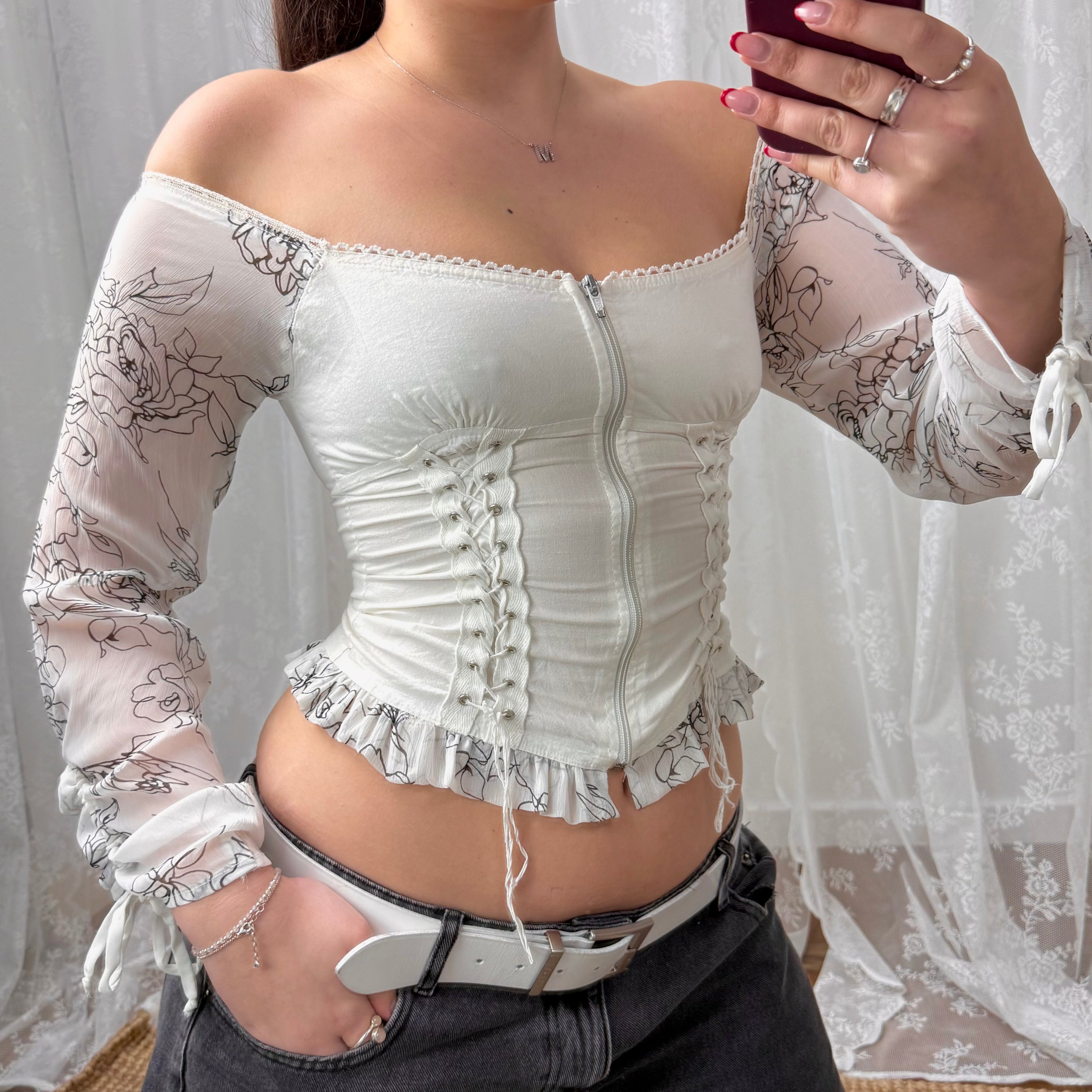 White mesh corset style tie up off the shoulder top