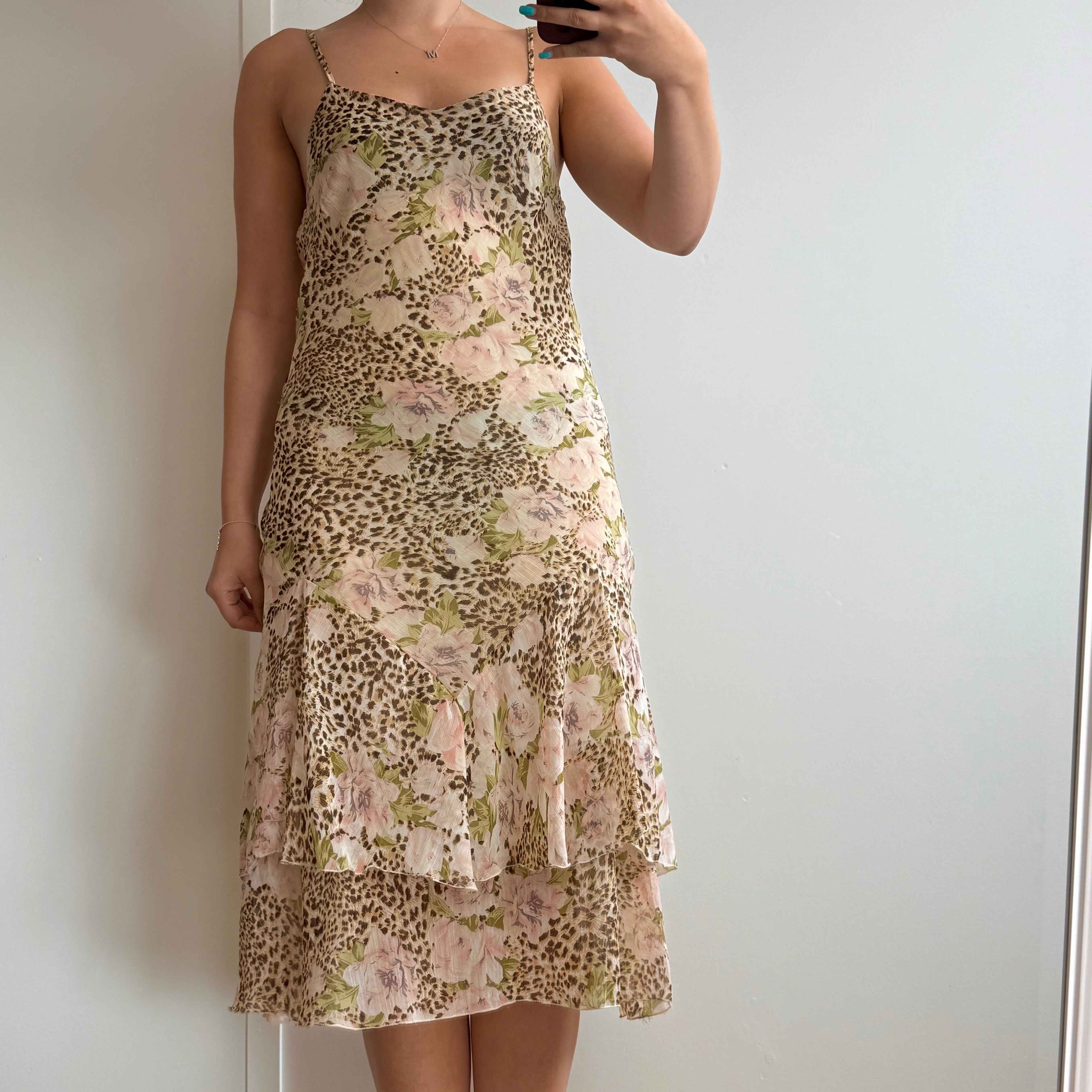 Leopard print and floral mesh tiered midi dress