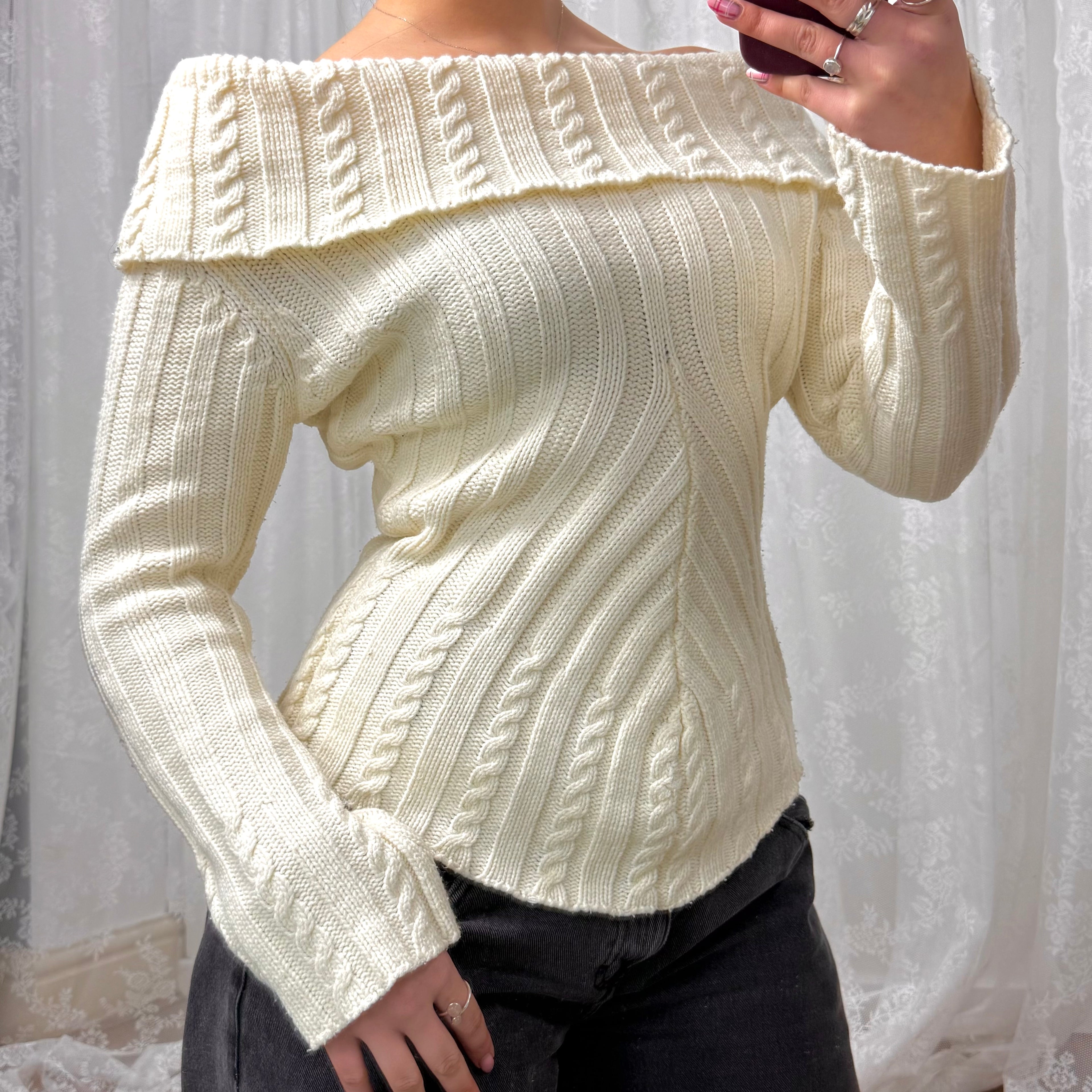 Cream off the shoulder chunky knit sweater
