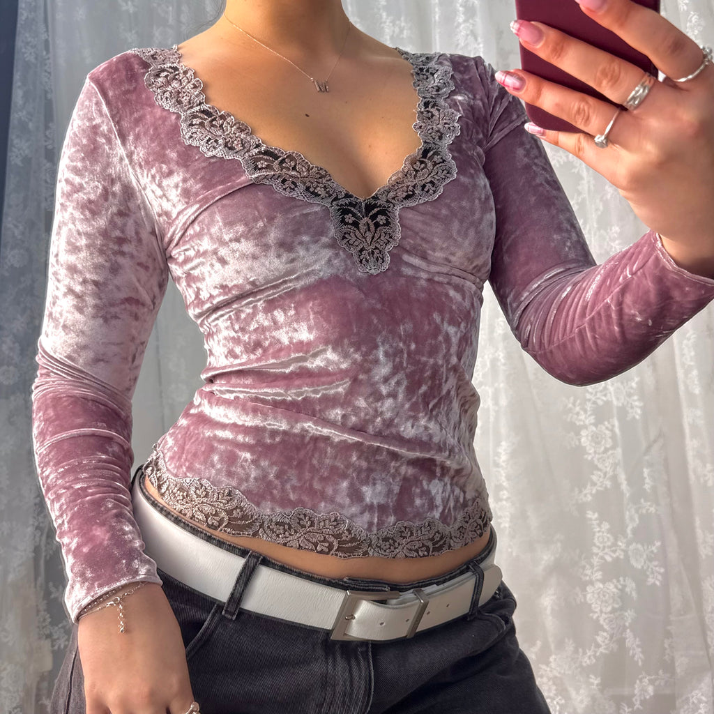 Pink velvet lace long sleeved top