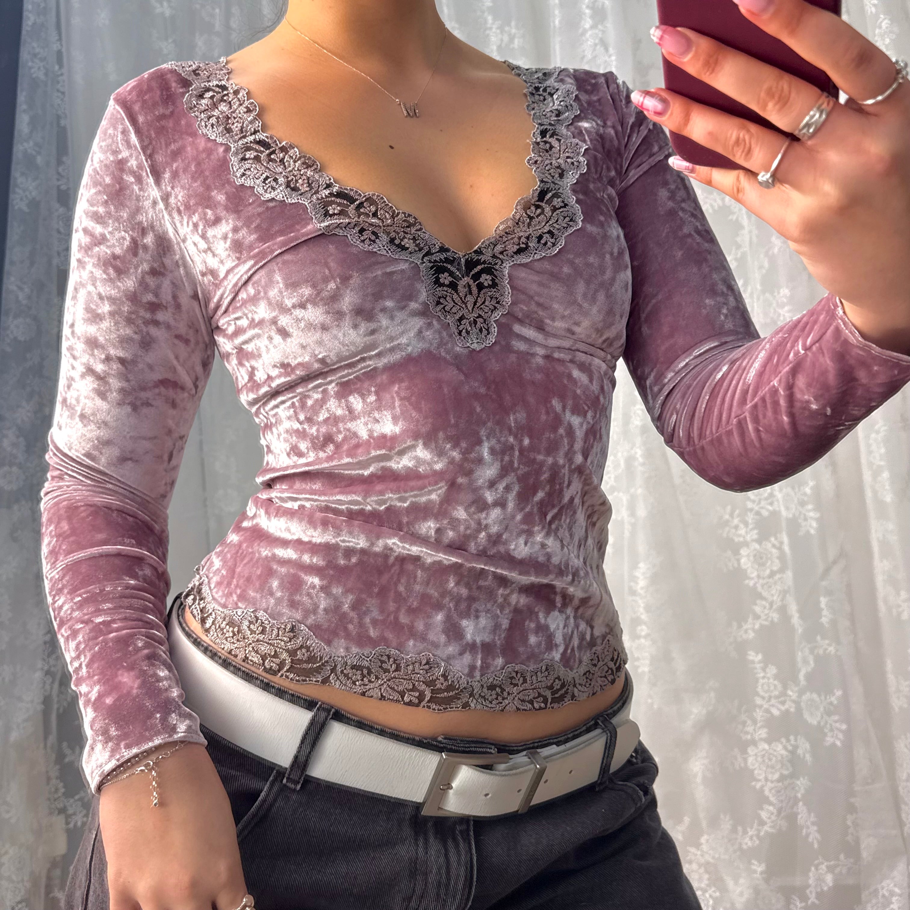 Pink velvet lace long sleeved top
