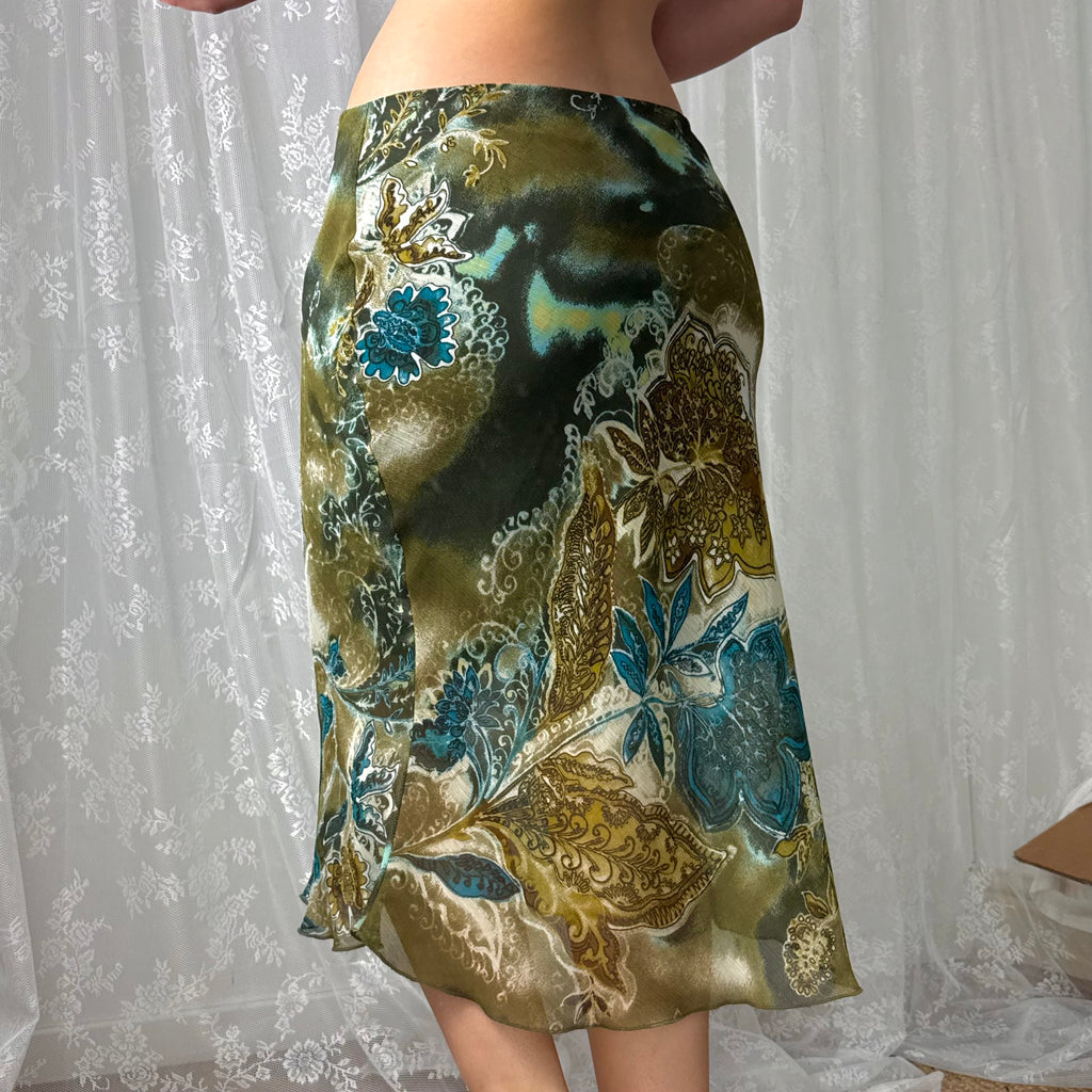 Green patterned mesh midi skirt