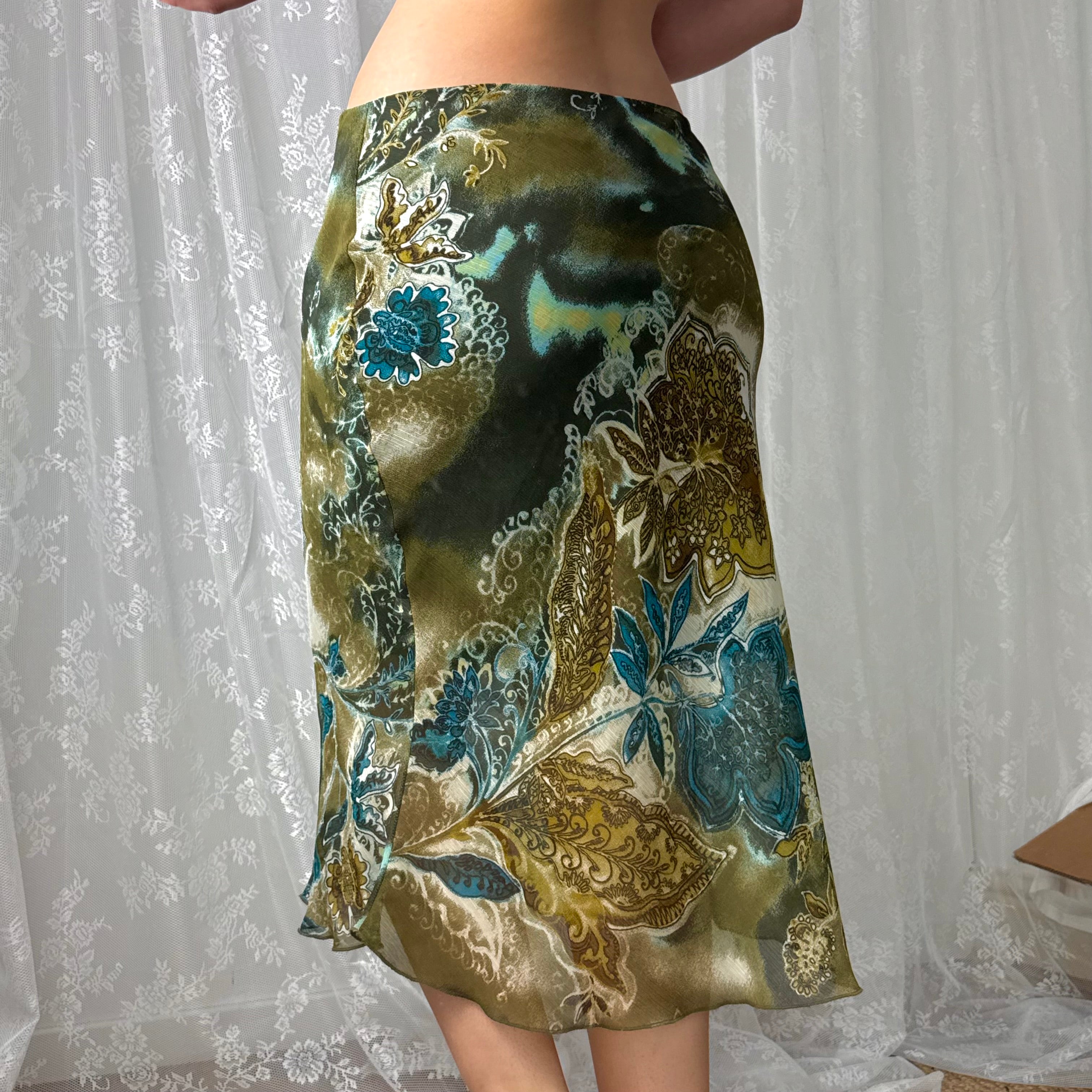 Green patterned mesh midi skirt