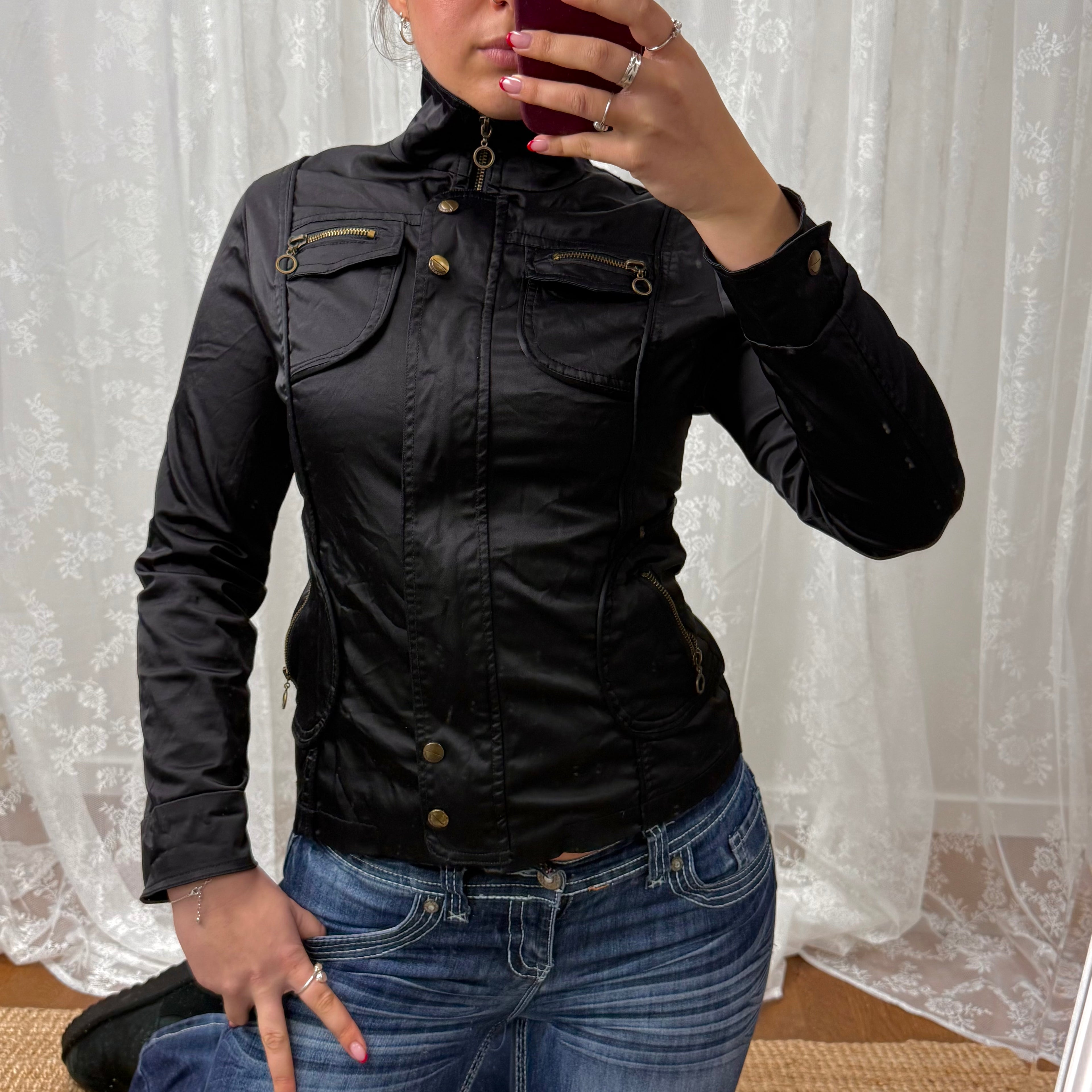 Black and gold shiny zip up cargo jacket