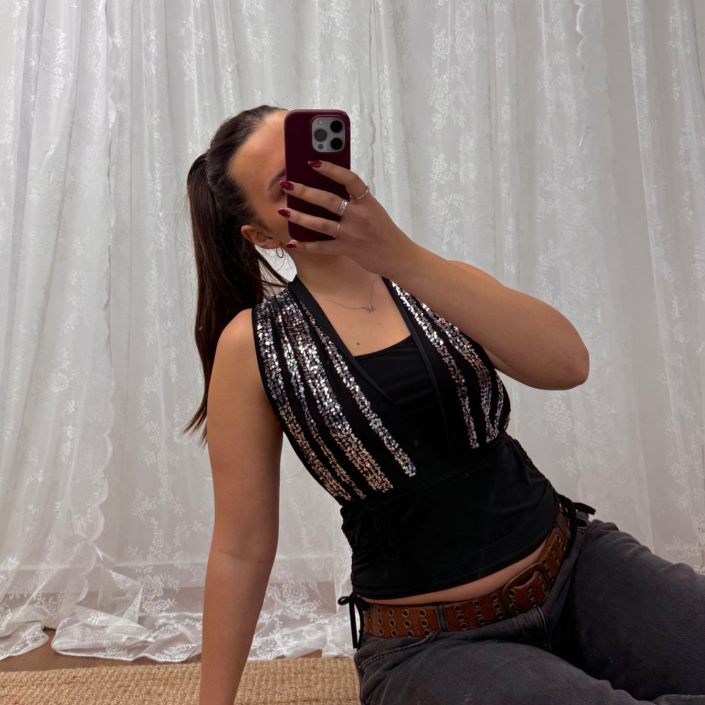 Black double layered glittery cowl neck top with tie around detail